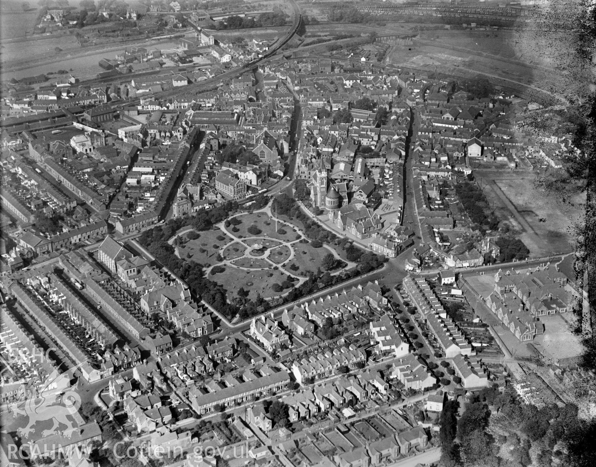 View of Victoria Gardens, Neath, oblique aerial view. 5?x4? black and white glass plate negative.