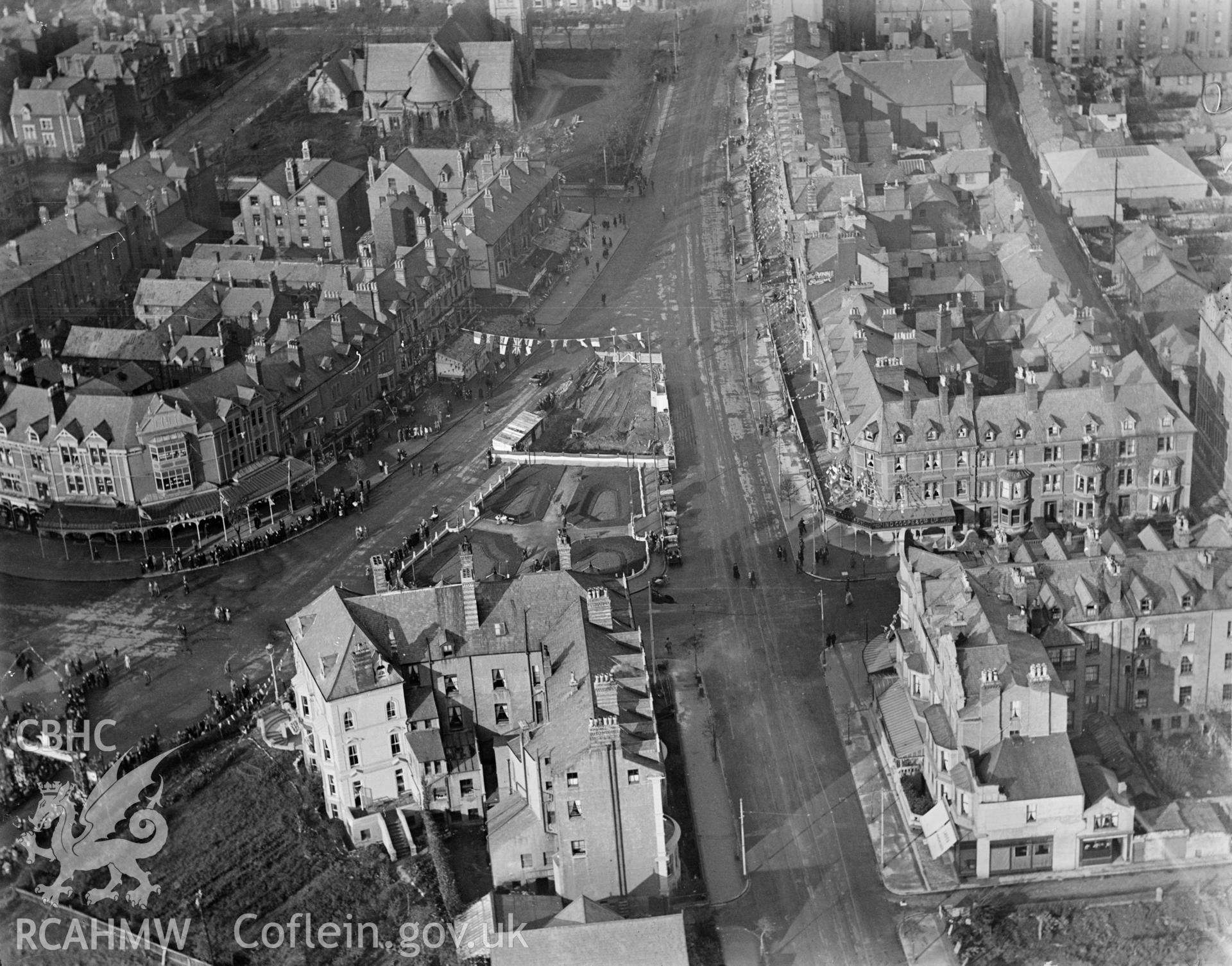 Llandudno streets taken during the visit of the Prince of Wales (later Edward VIII) November 1923, oblique aerial view. 5?x4? black and white glass plate negative.
