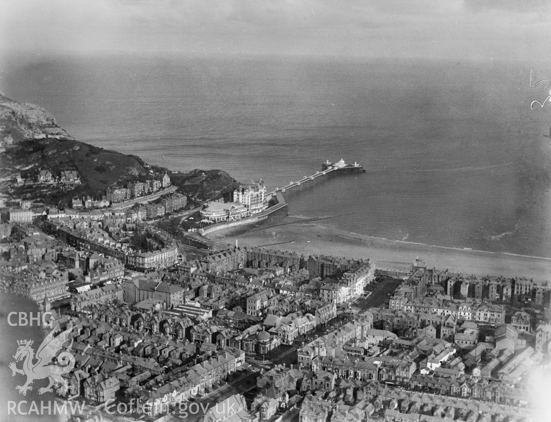 General view of Llandudno showing pier, oblique aerial view. 5?x4? black and white glass plate negative.