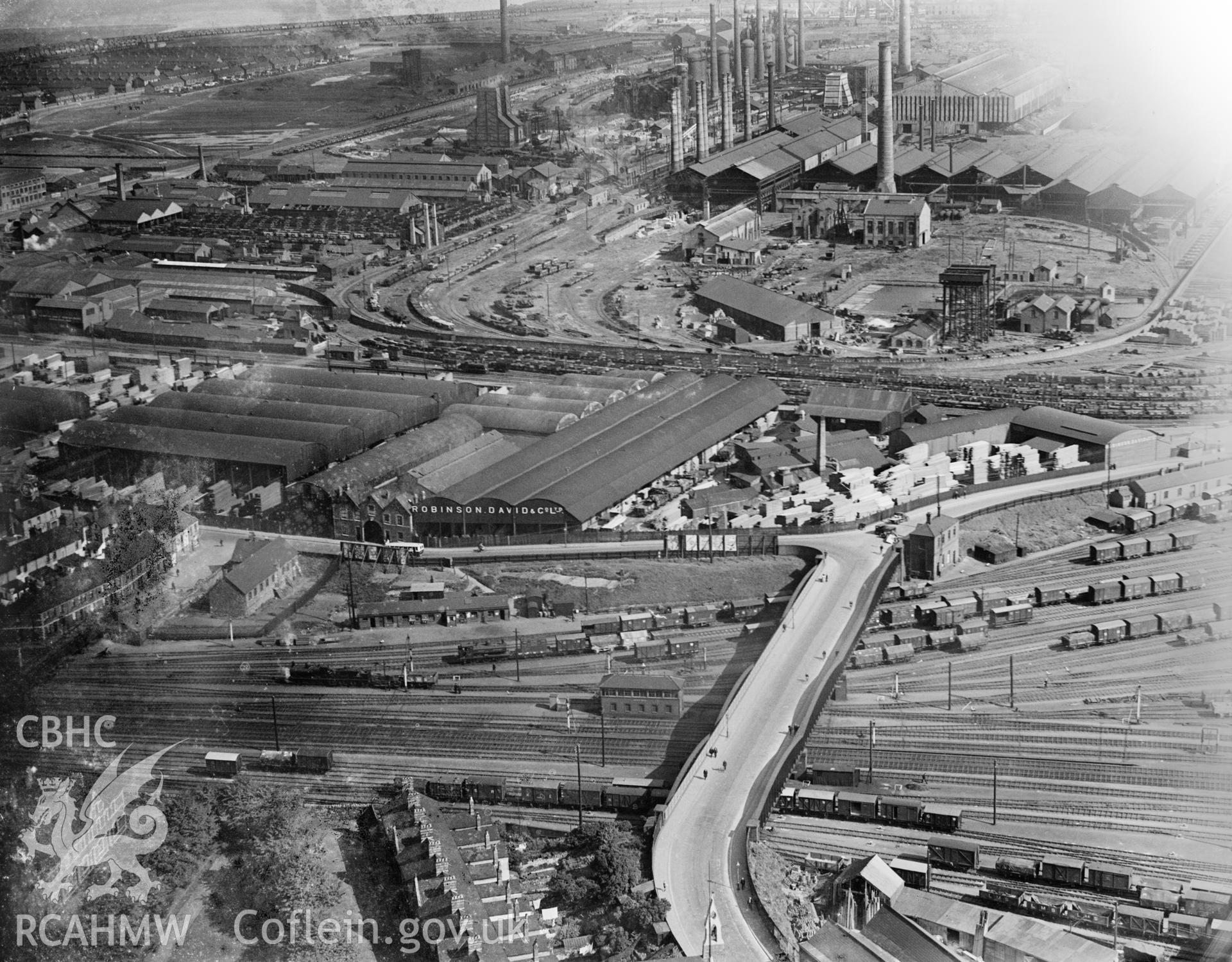 View of Robinson David timber company, Cardiff, oblique aerial view. 5?x4? black and white glass plate negative.