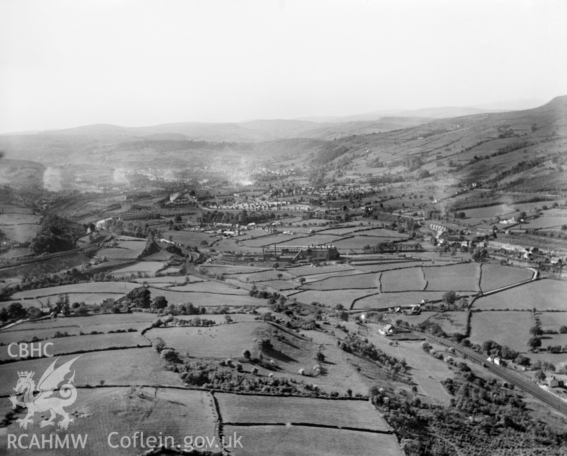 Distant view of Ebbw Vale, oblique aerial view. 5?x4? black and white glass plate negative.