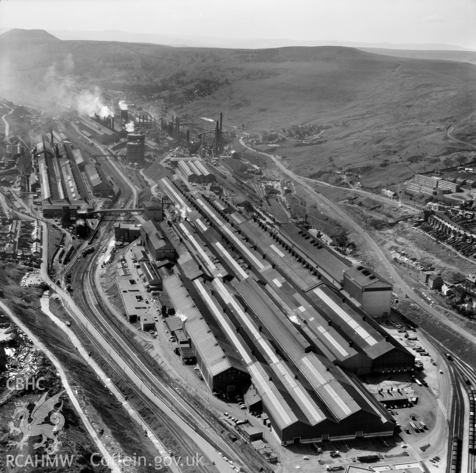 Black and white oblique aerial photograph showing the steelworks at Ebbw Vale, from Aerofilms album Monmouthshire (CH-M), taken by Aerofilms Ltd and dated 1972.