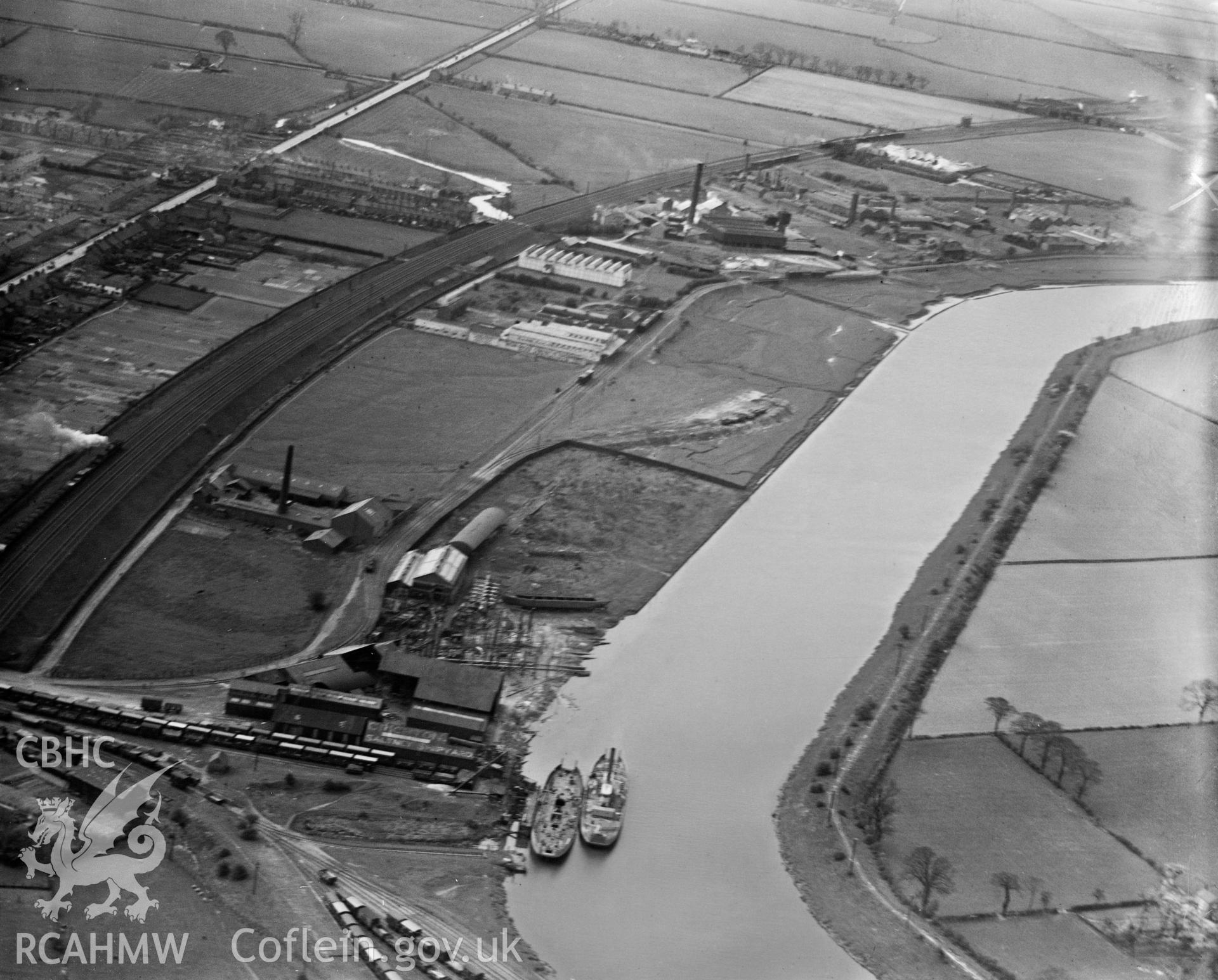 View of Crichton's shipyard, Saltney, oblique aerial view. 5?x4? black and white glass plate negative.