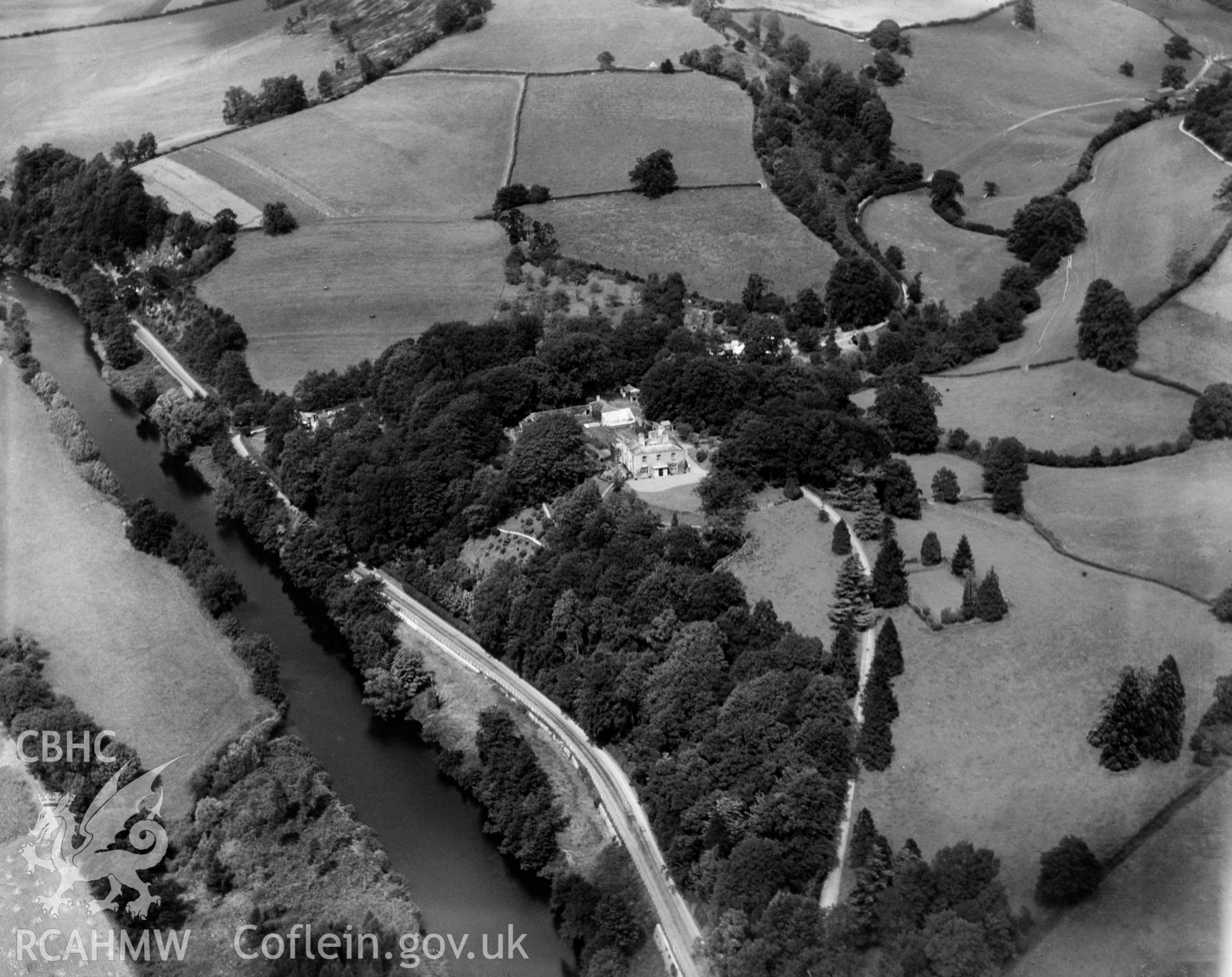 View of Beech Hill, Usk, oblique aerial view. 5?x4? black and white glass plate negative.