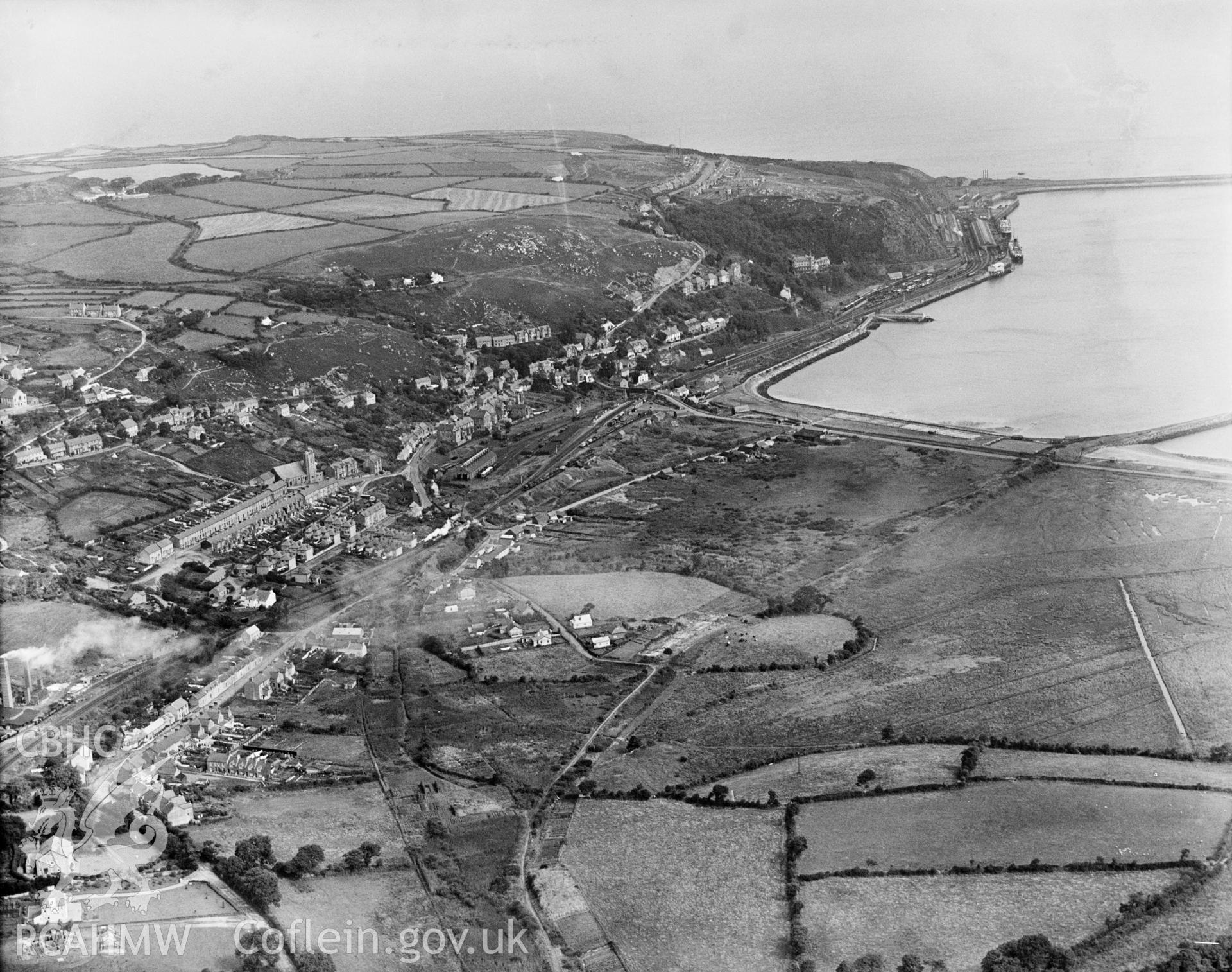 Distant view of Fishguard, oblique aerial view. 5?x4? black and white glass plate negative.