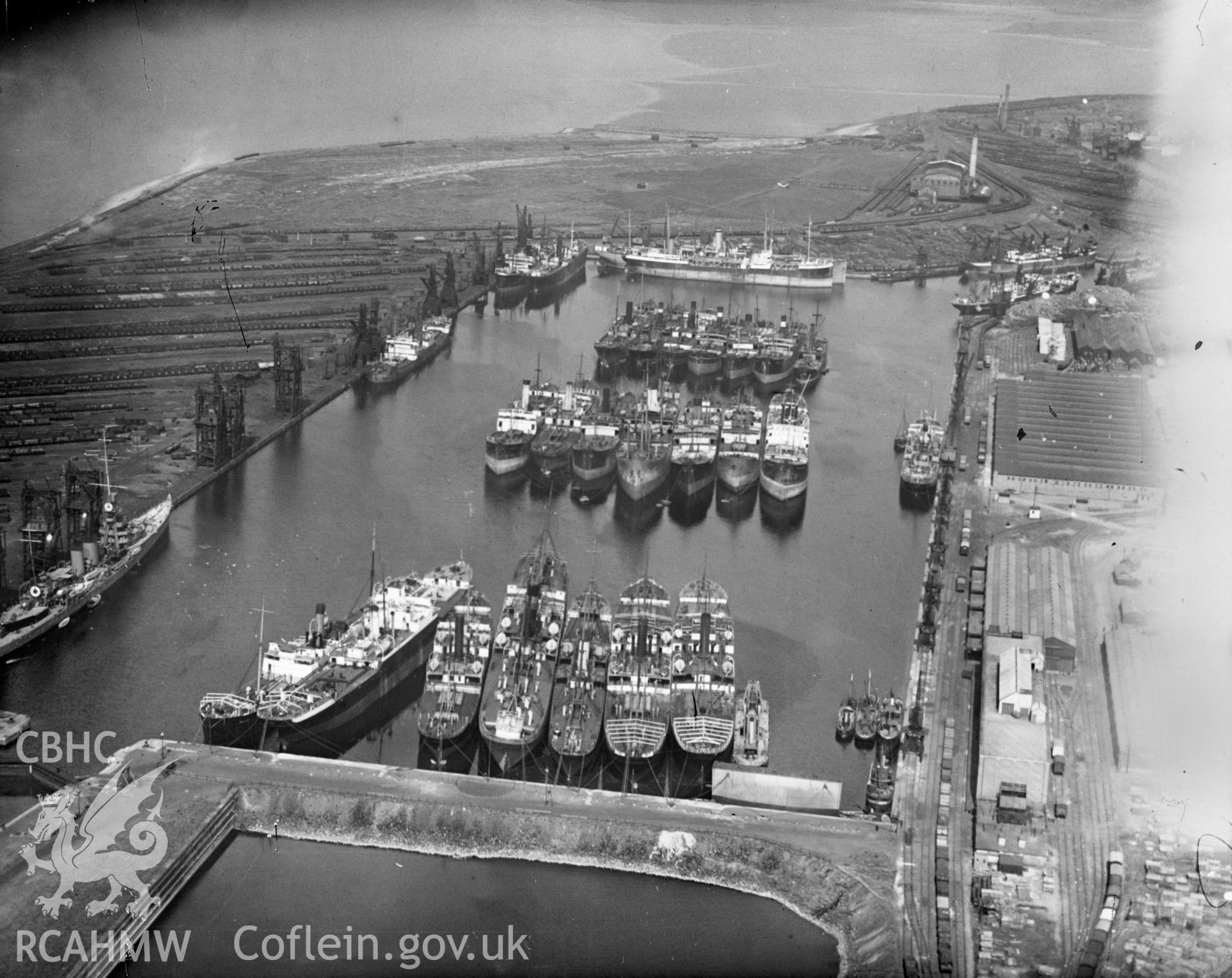 View of Queen Alexandra dock, Cardiff, oblique aerial view. 5?x4? black and white glass plate negative.