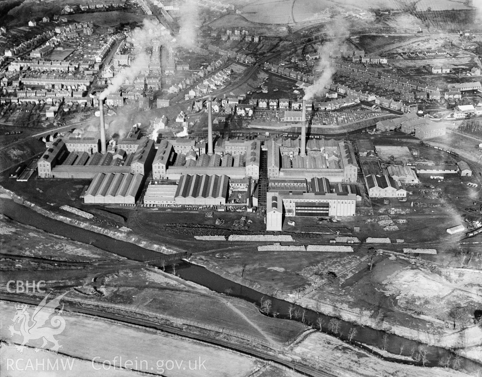View of Mond Nickel Works, Clydach, Swansea, oblique aerial view. 5?x4? black and white glass plate negative.