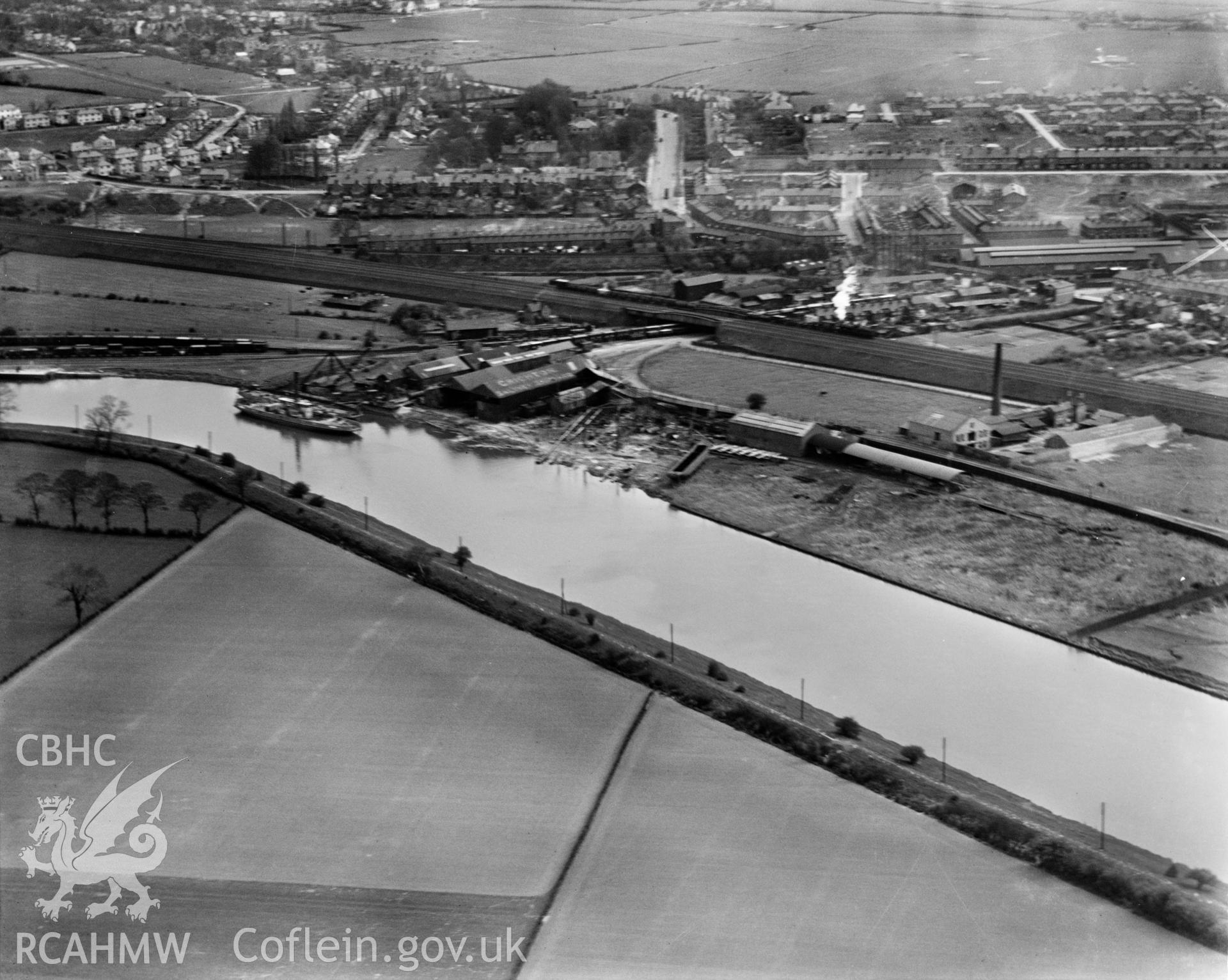 View of Crichton's shipyard, Saltney, oblique aerial view. 5?x4? black and white glass plate negative.