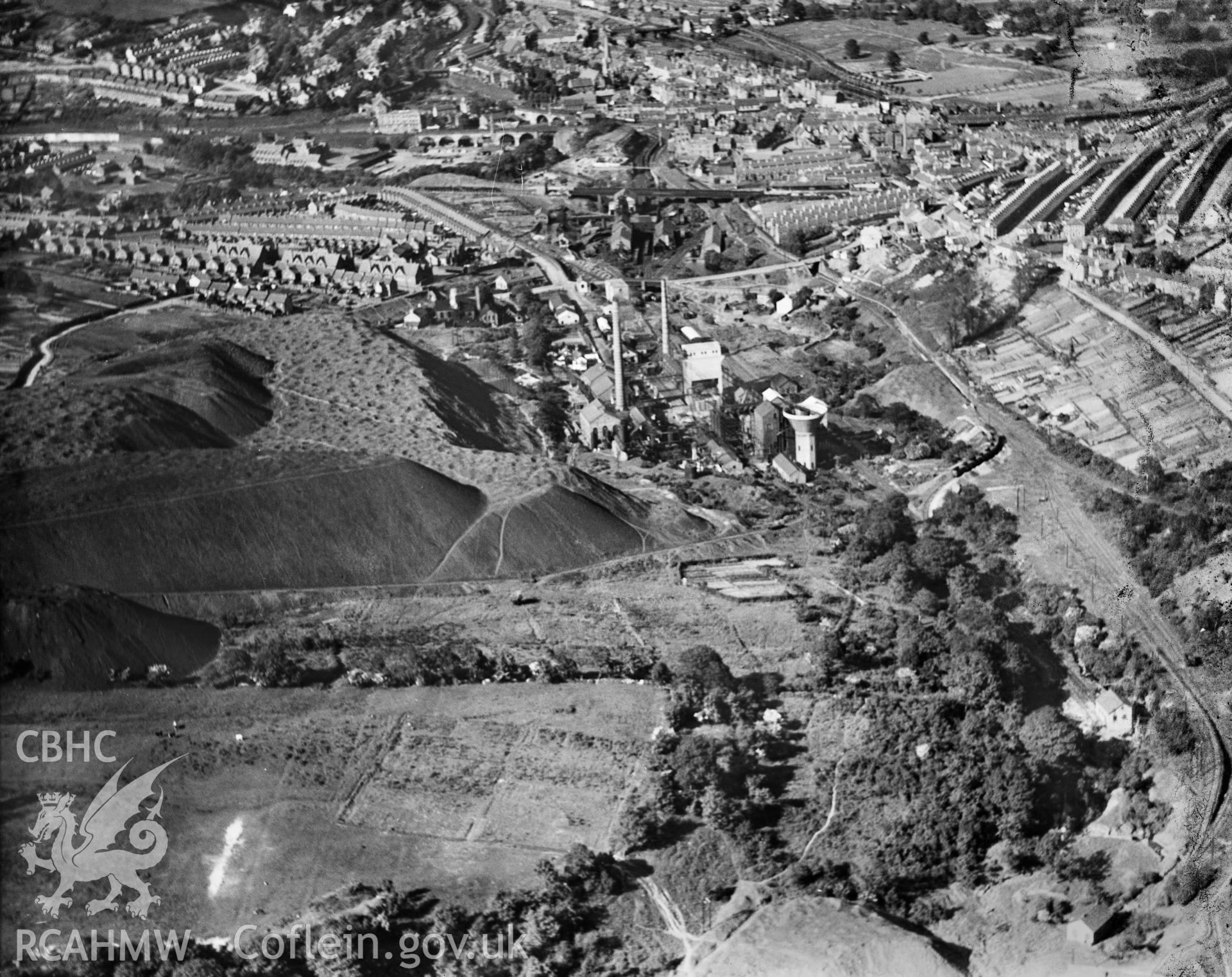 View of Maritime Colliery Coke Works, Pontypridd, looking from southwest, oblique aerial view. 5?x4? black and white glass plate negative.
