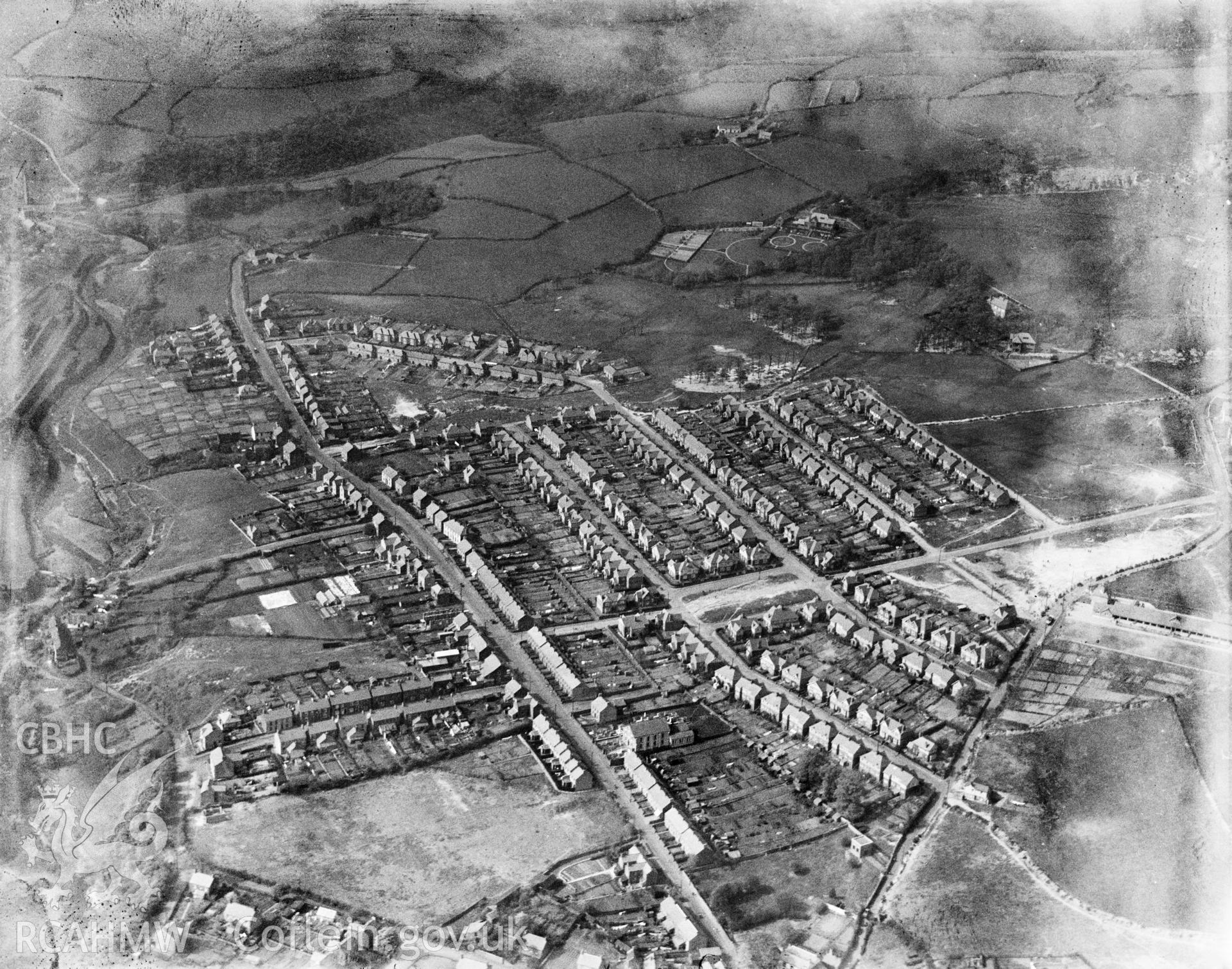 View of Clydach showing 1930's housing estate and Salem Fardre chapel, oblique aerial view. 5?x4? black and white glass plate negative.