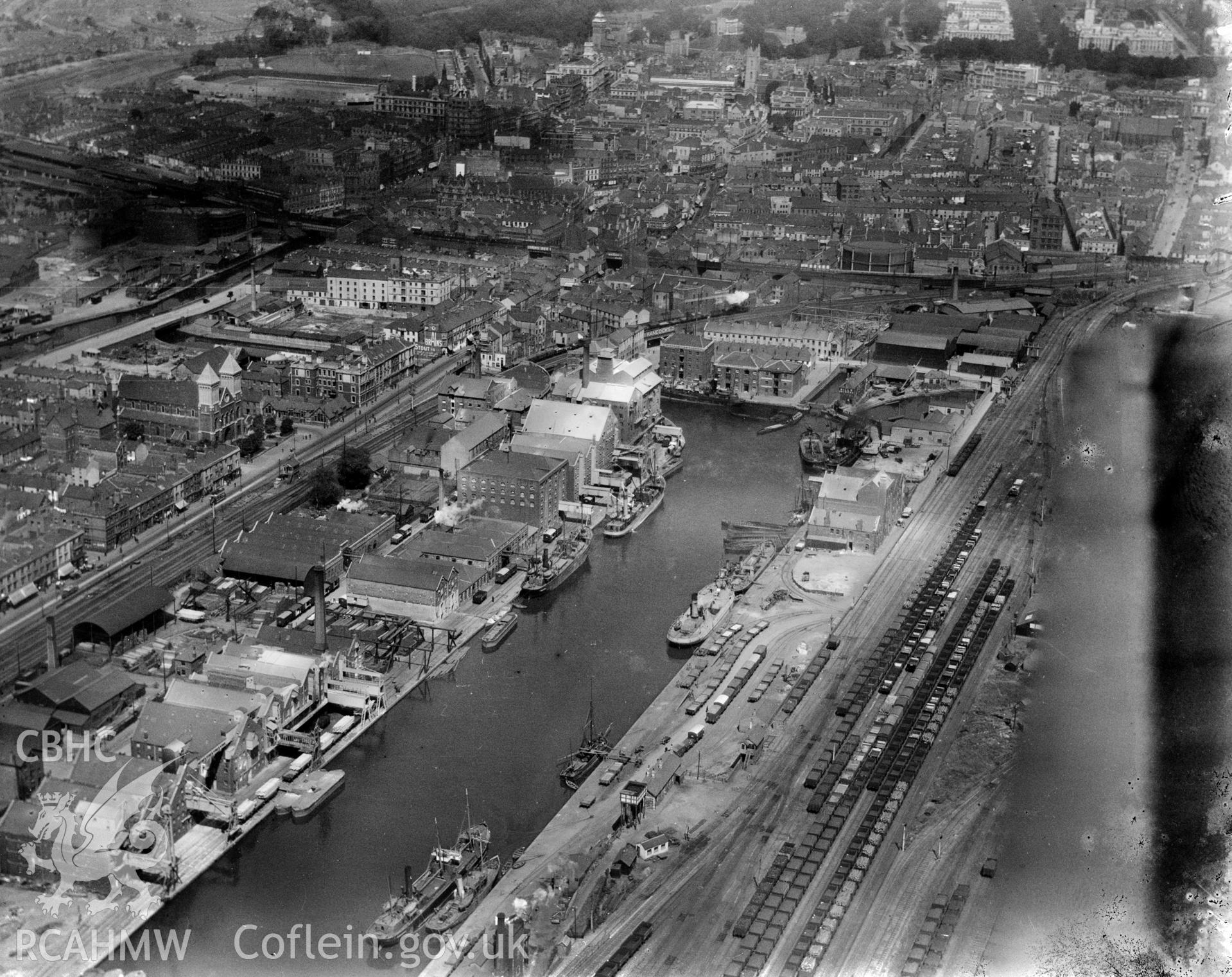 View of Bute East Dock, Cardiff showing the Spillers Factory, oblique aerial view. 5?x4? black and white glass plate negative.