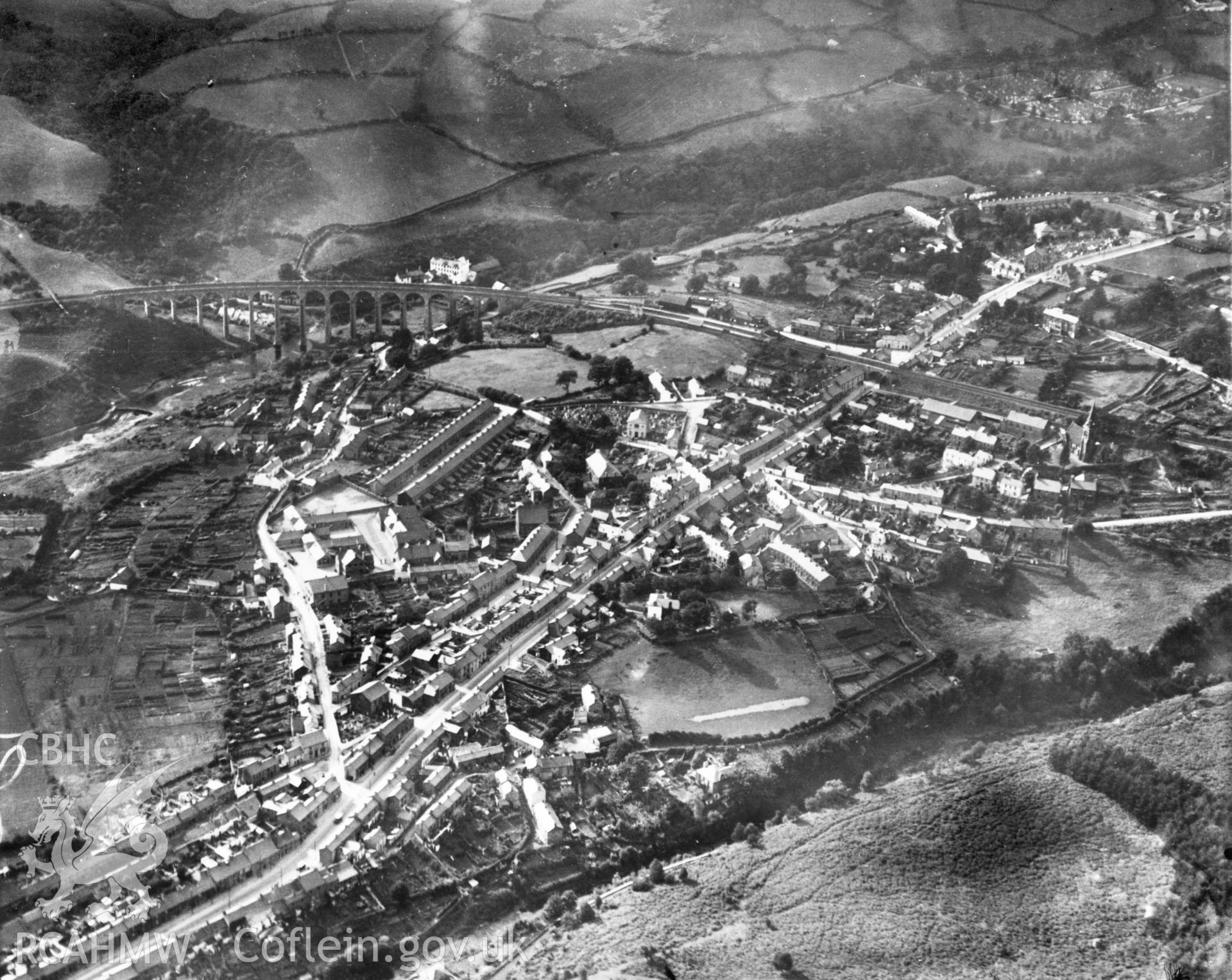 General view of Merthyr Tydfil showing Cefn-Coed-y-Cymmer viaduct. Oblique aerial photograph, 5?x4? BW glass plate.