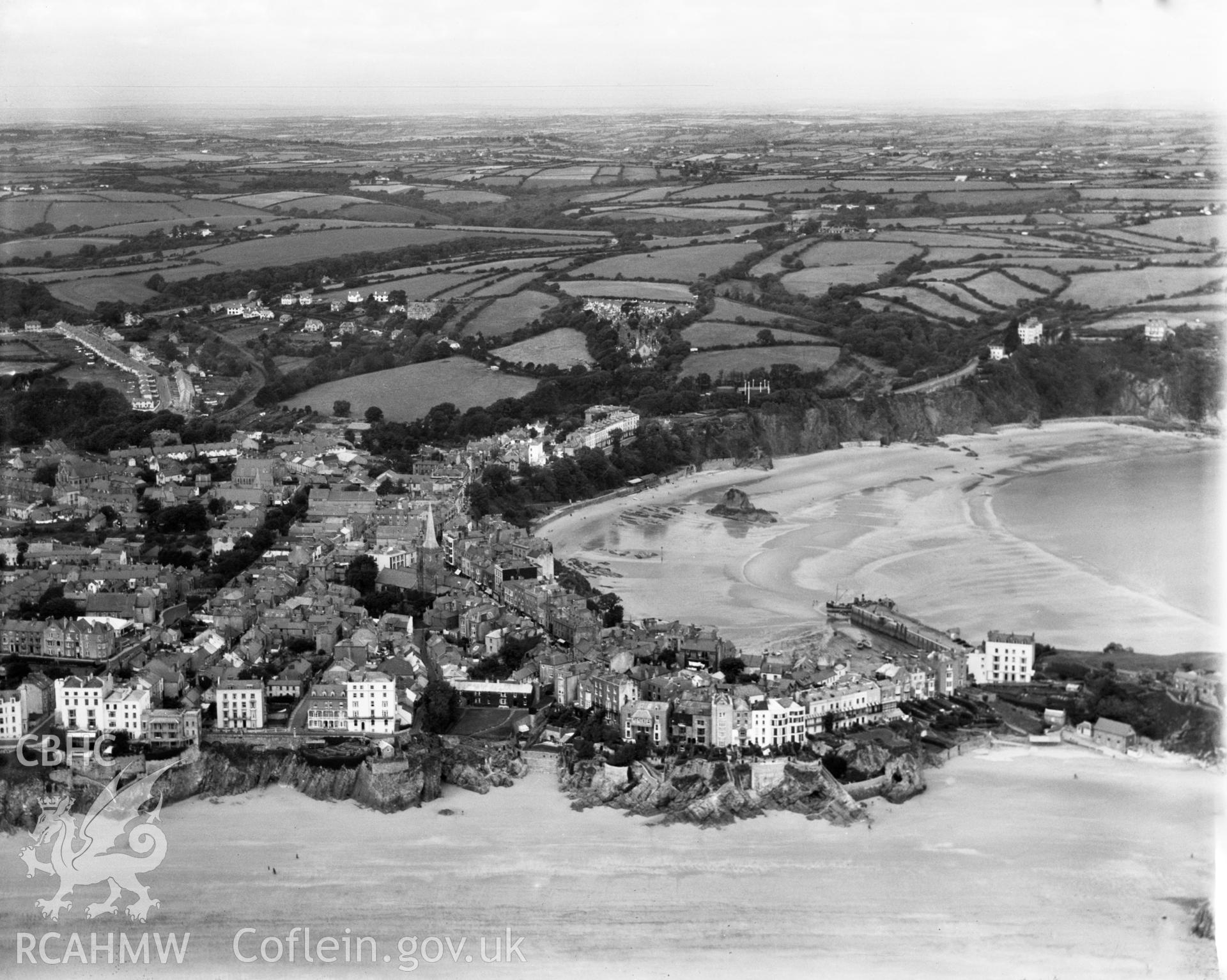 General view of Tenby, oblique aerial view. 5?x4? black and white glass plate negative.