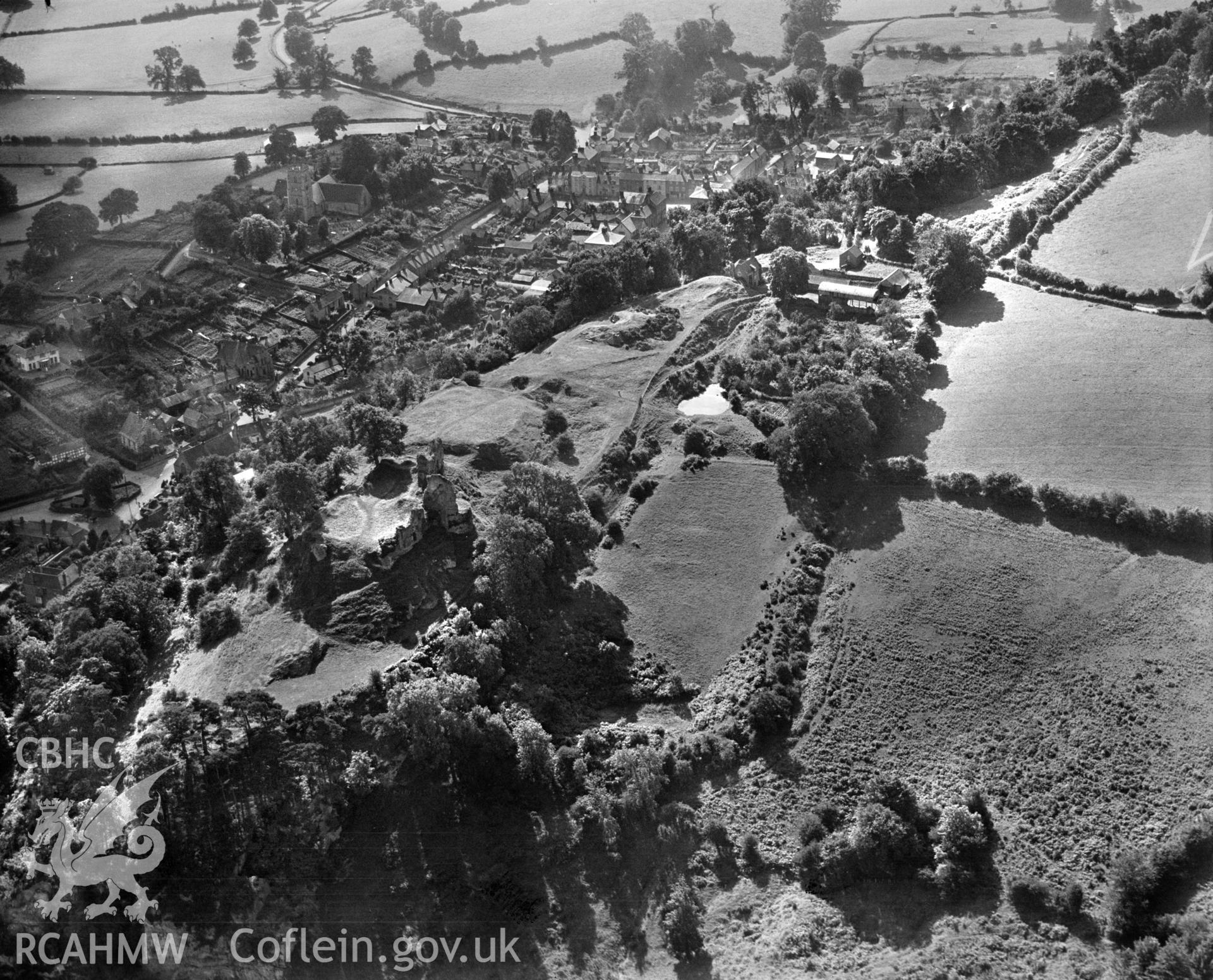 General view of Montgomery, showing castle, oblique aerial view. 5?x4? black and white glass plate negative.