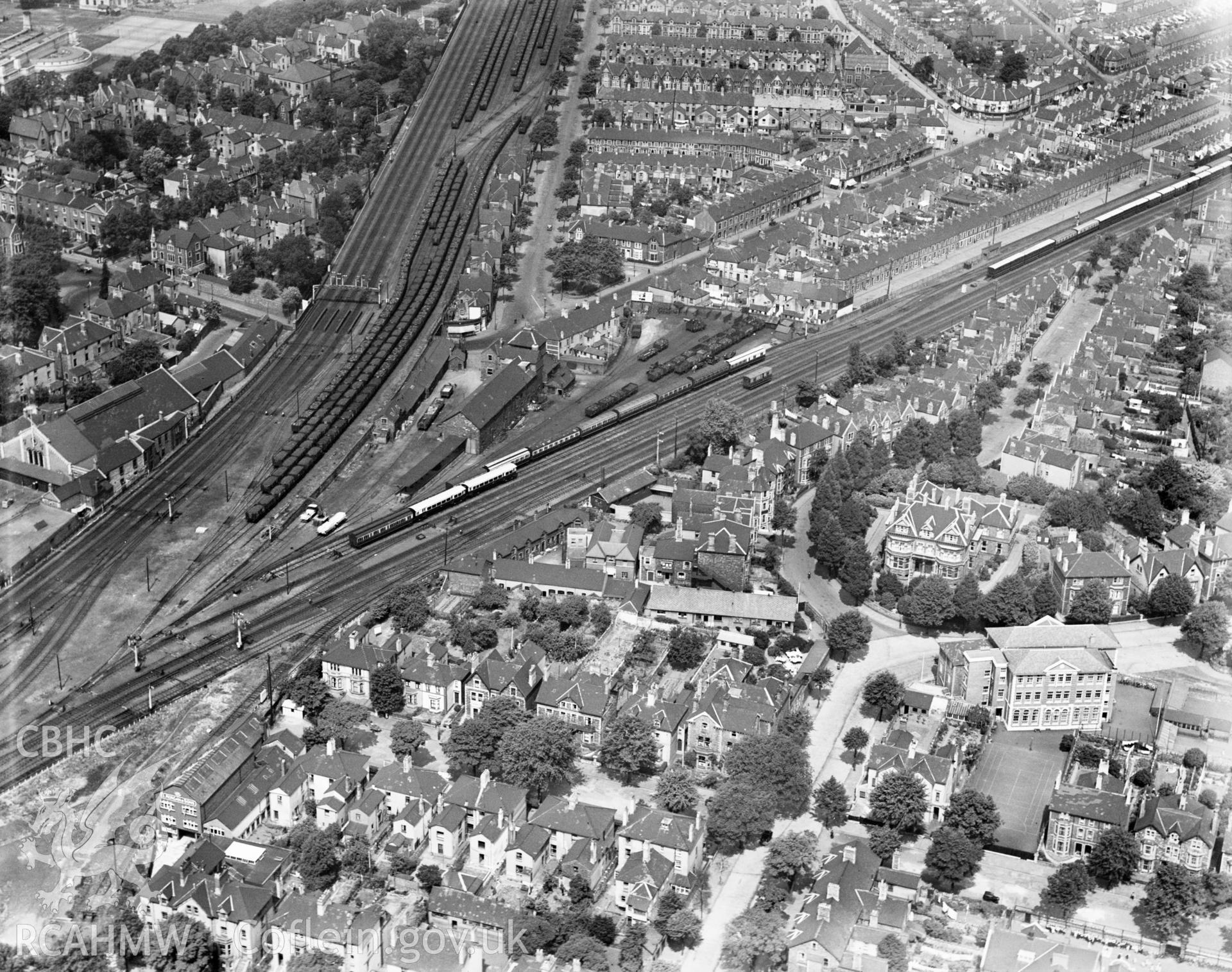 View of central Cardiff, showing Heathfield House catholic school, Mansion House and the Prince of Wales hospital, oblique aerial view. 5?x4? black and white glass plate negative.