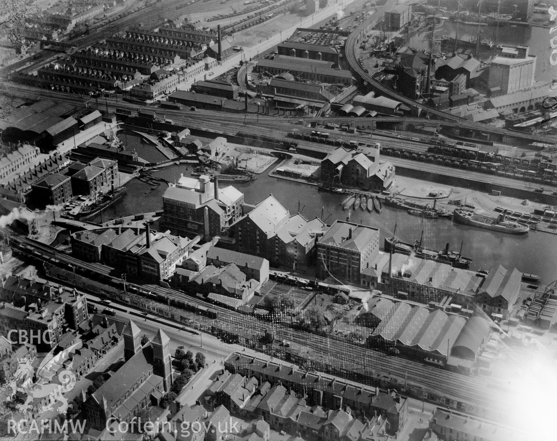 View of Bute West Dock, Cardiff, oblique aerial view. 5?x4? black and white glass plate negative.