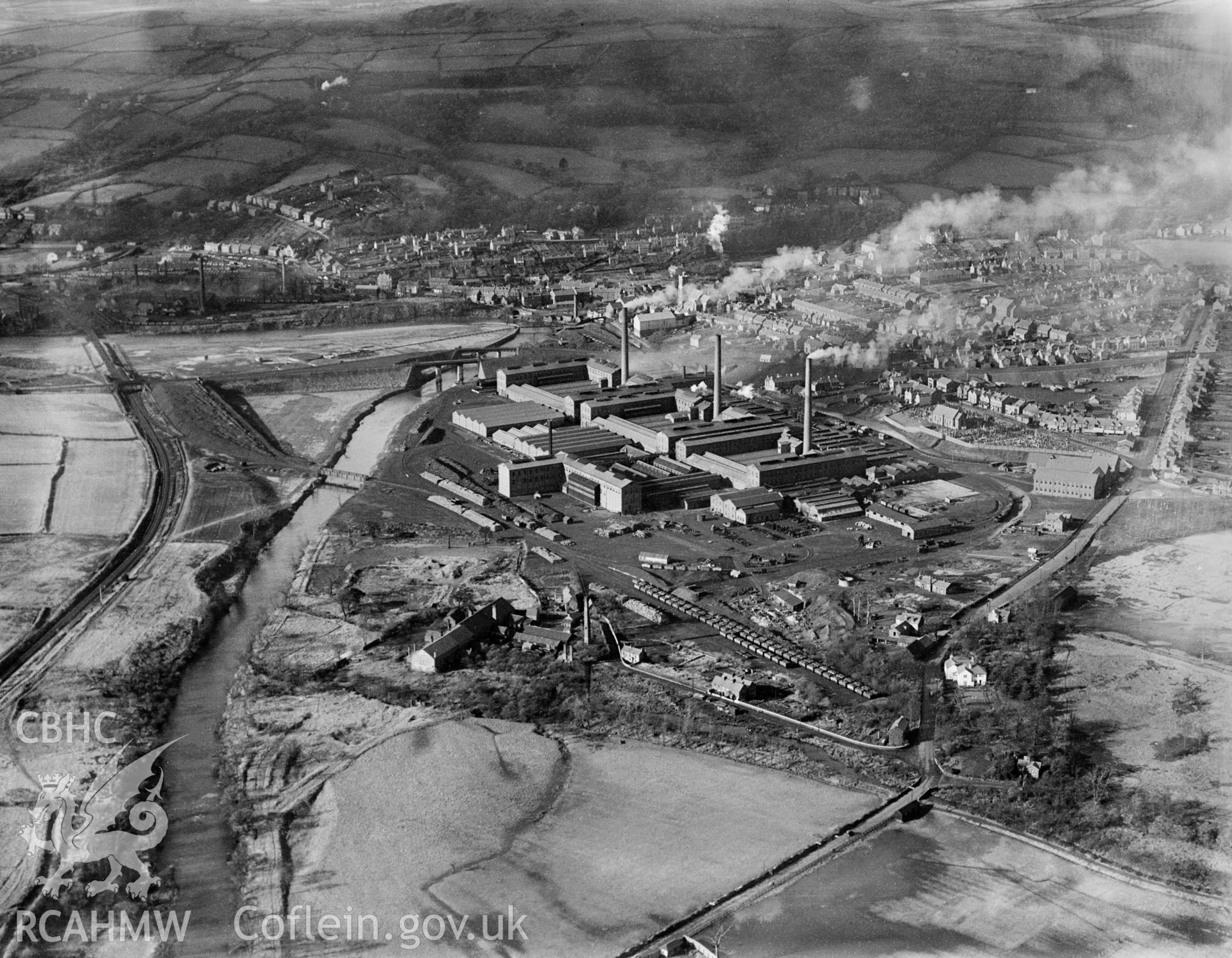 View of Mond Nickel Works, Clydach, Swansea, oblique aerial view. 5?x4? black and white glass plate negative.