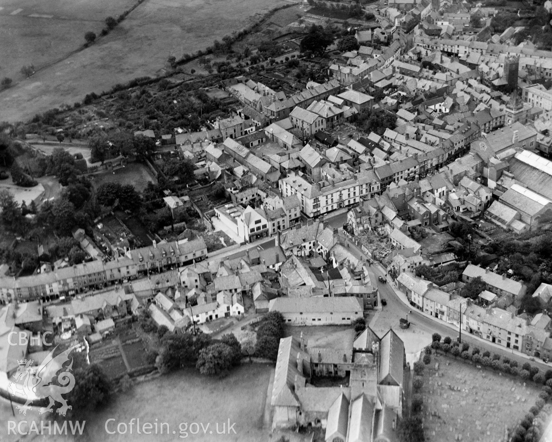 General view of Abergavenny showing the Angel Hotel and St Mary's Priory and church. Oblique aerial photograph.