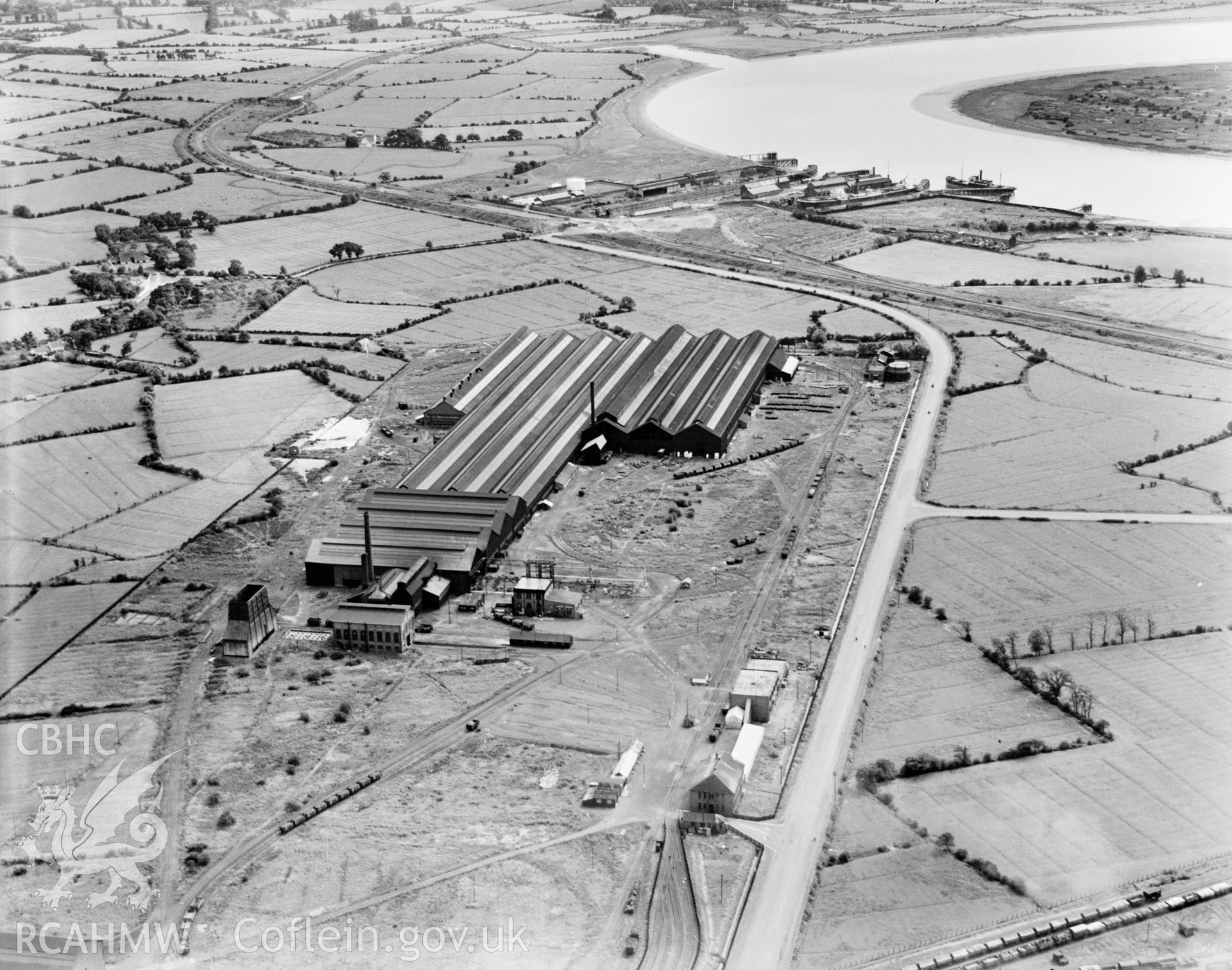 View of British Mannesmann Tube Co., Newport, oblique aerial view. 5?x4? black and white glass plate negative.