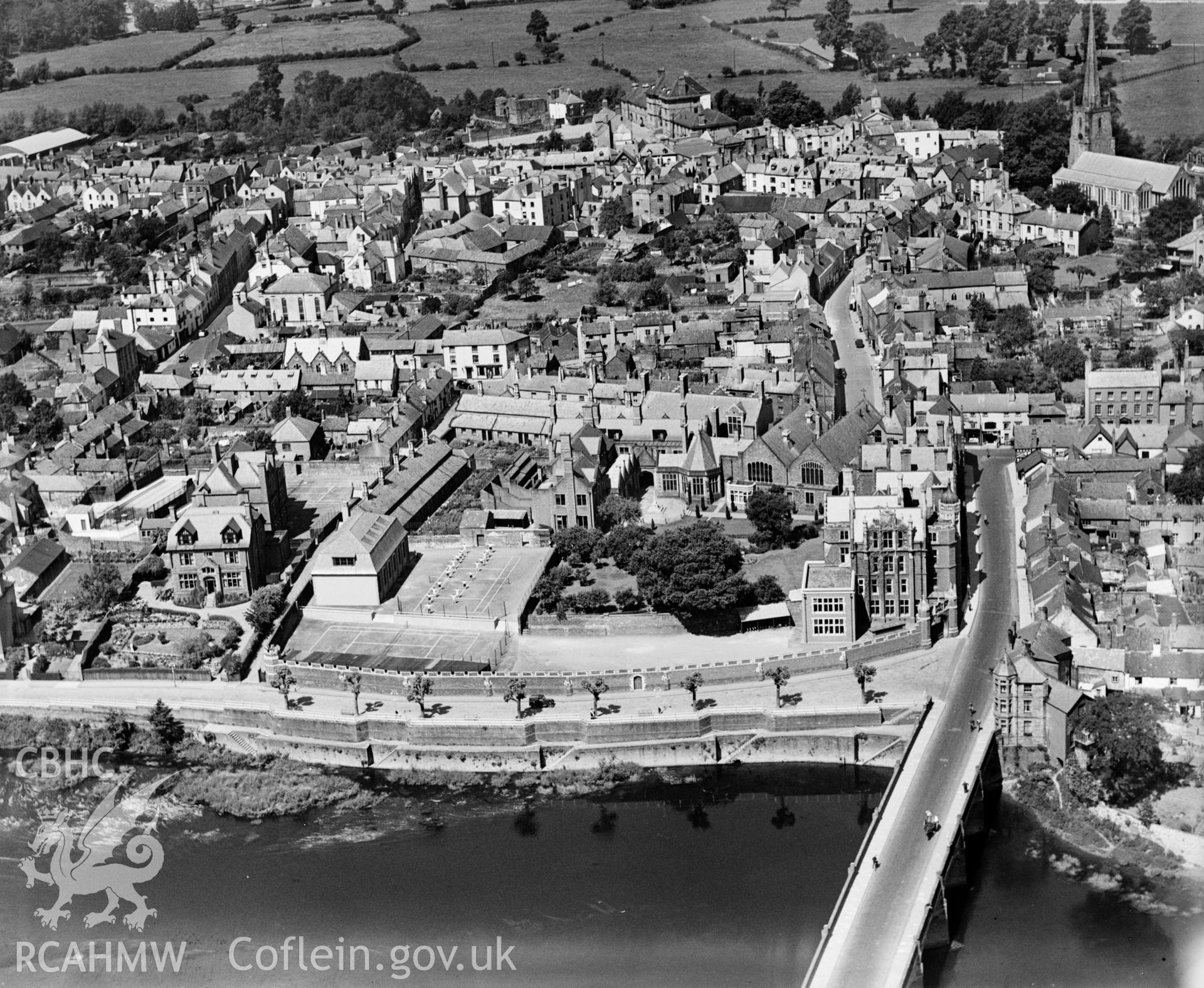 View of Monmouth showing school, oblique aerial view. 5?x4? black and white glass plate negative.