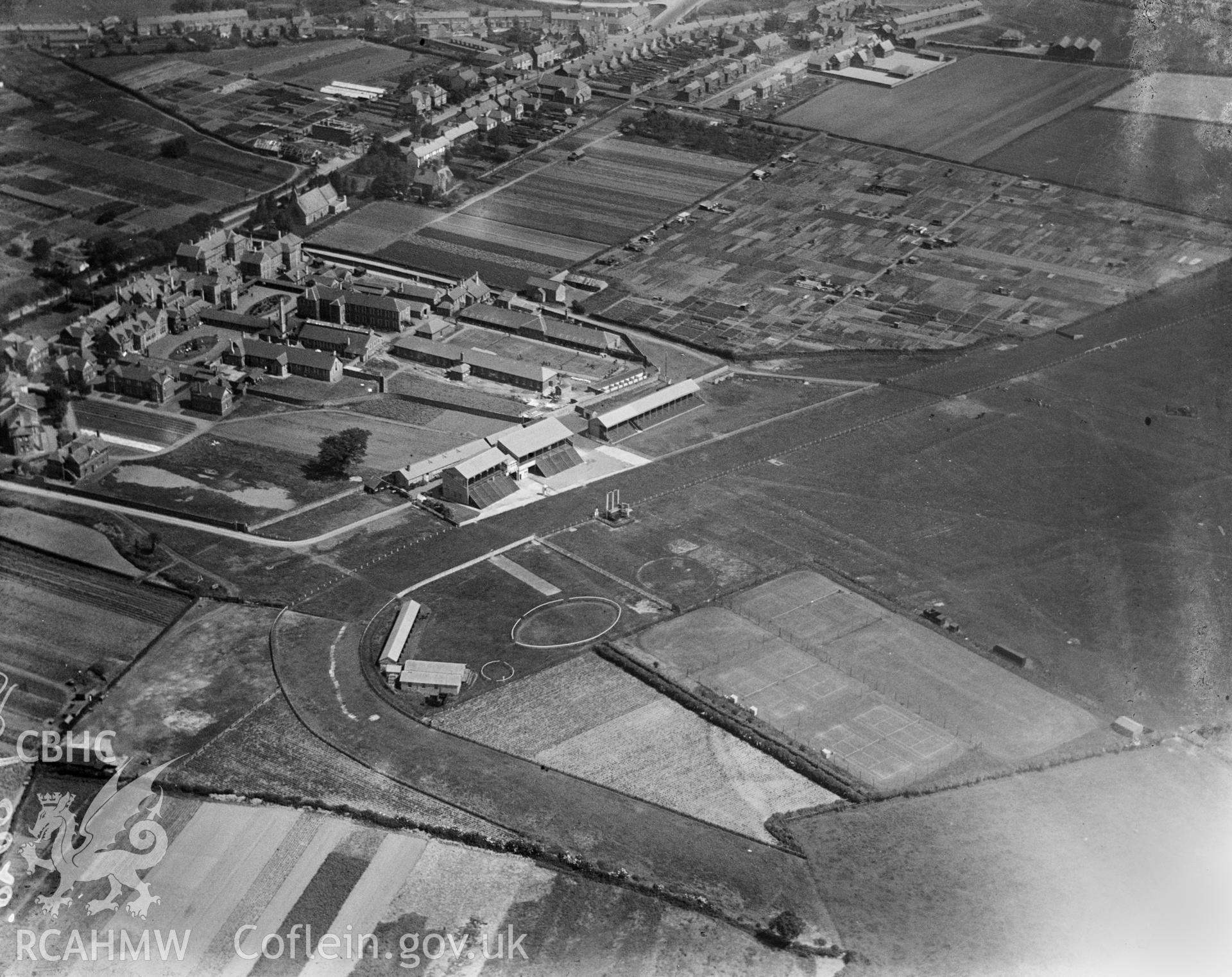 View of Ely Racecourse and Cardiff Union Workhouse, oblique aerial view. 5?x4? black and white glass plate negative.