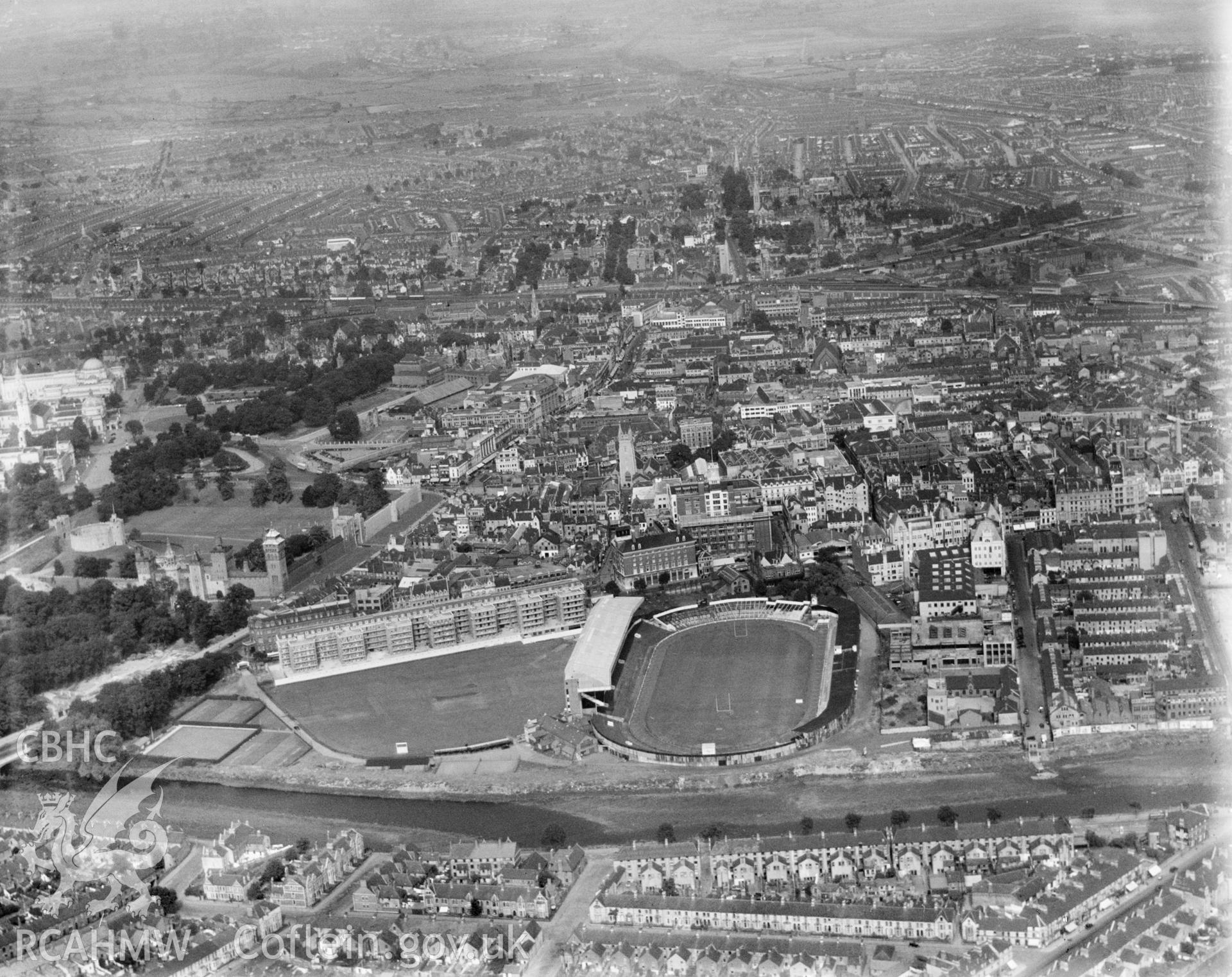 View of central Cardiff showing Cardiff Arms Park, oblique aerial view. 5?x4? black and white glass plate negative.