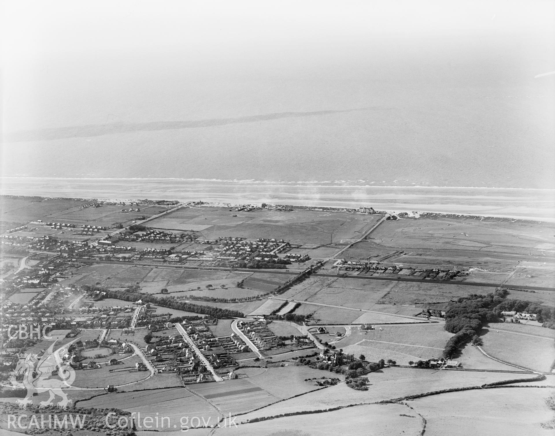 View of Prestatyn showing interwar housing, oblique aerial view. 5?x4? black and white glass plate negative.