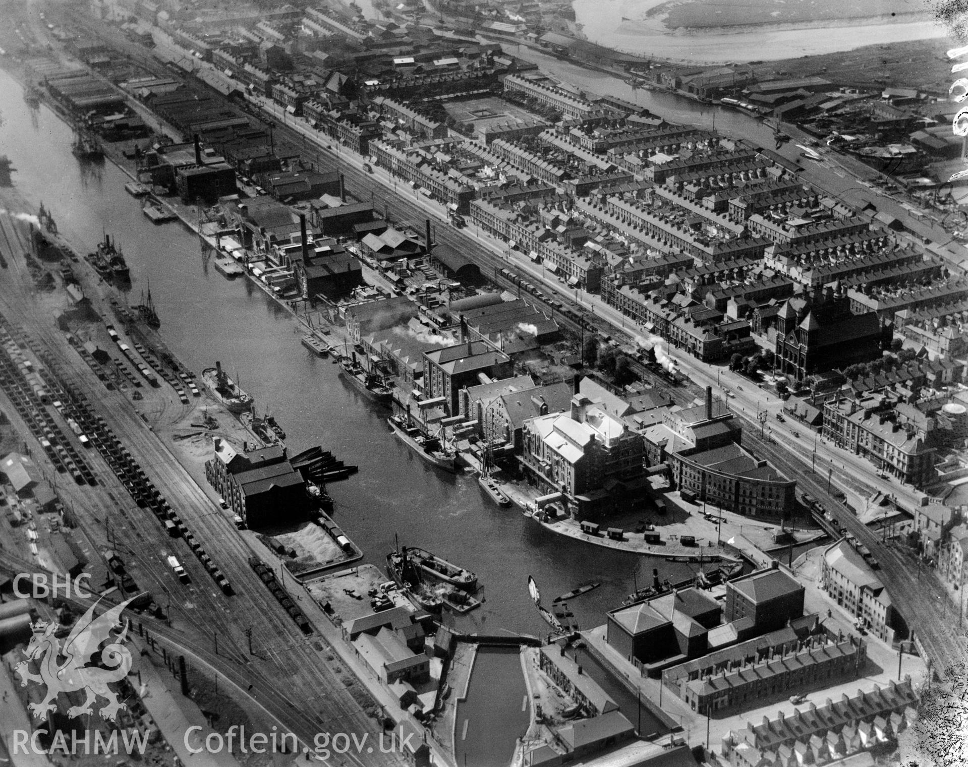 View of Bute West Dock, Cardiff, oblique aerial view. 5?x4? black and white glass plate negative.