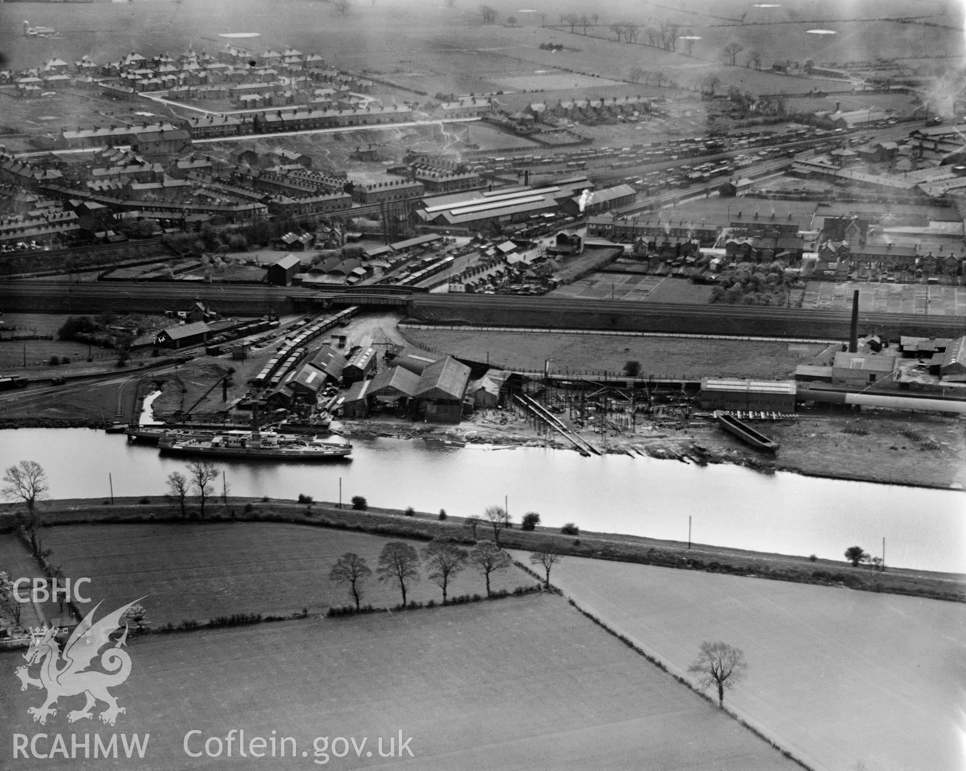 View of Crichton's shipyard, Saltney, oblique aerial view. 5?x4? black and white glass plate negative.