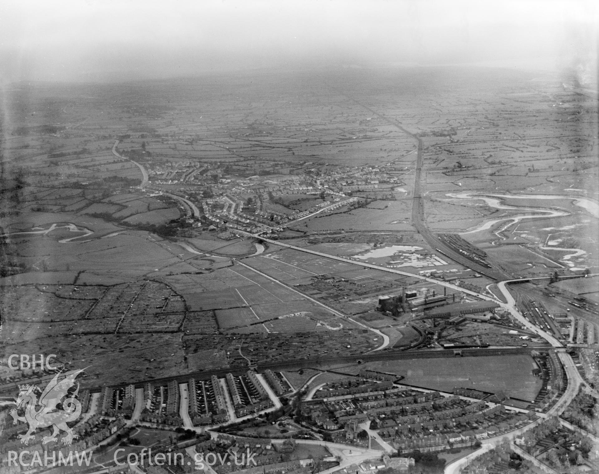 View of Cardiff showing view of Rumney, oblique aerial view. 5?x4? black and white glass plate negative.