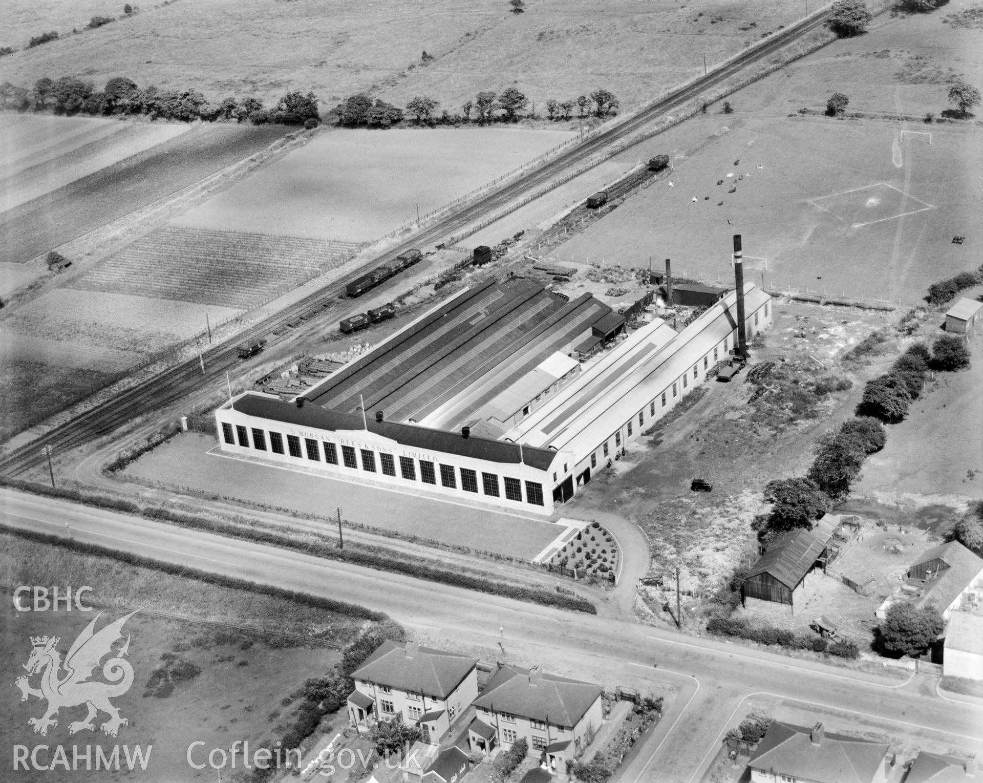 View of Morgan Rees & Sons wire ropeworks, Whitchurch. Oblique aerial photograph, 5?x4? BW glass plate.