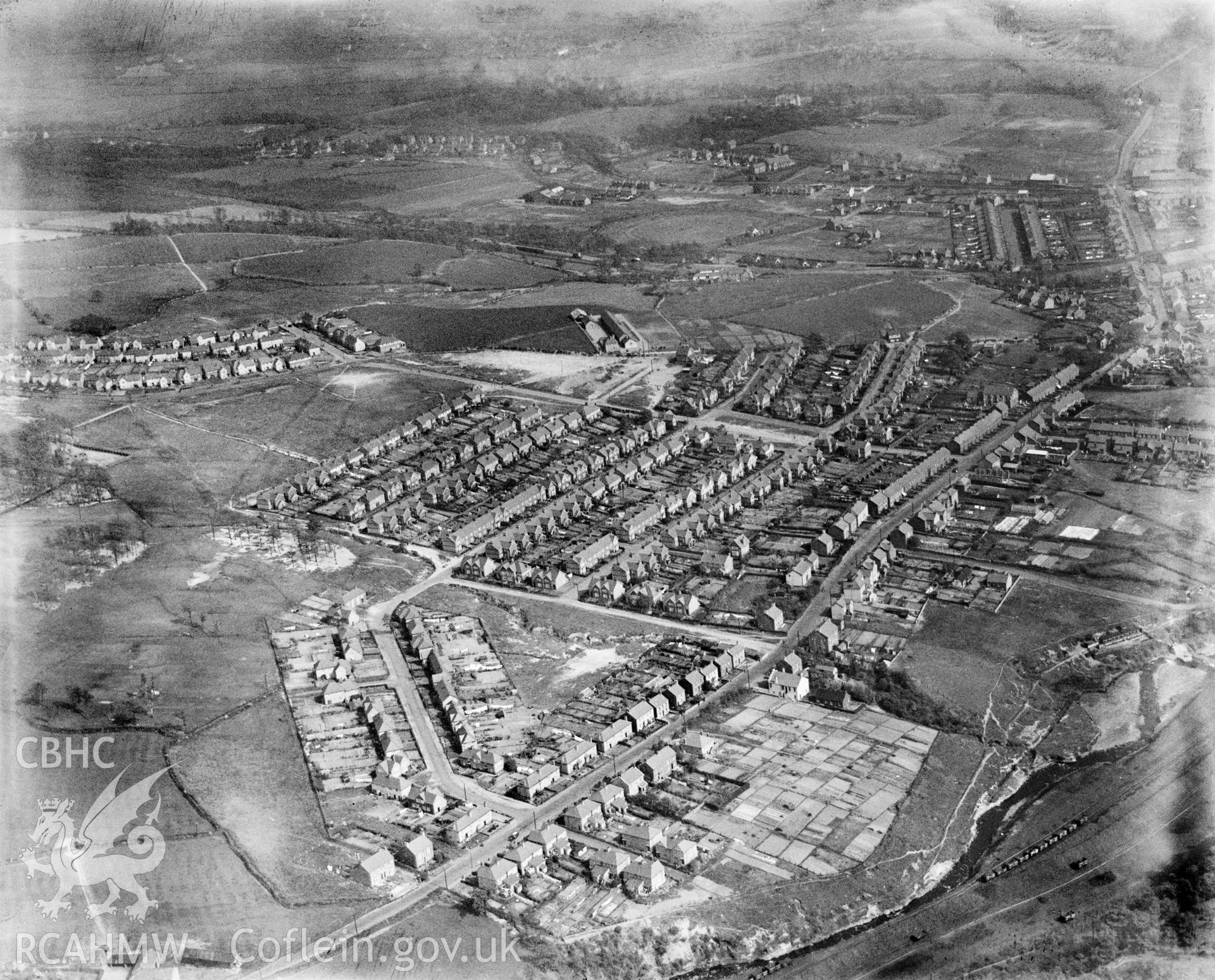 View of Clydach showing 1930's housing estate, oblique aerial view. 5?x4? black and white glass plate negative.