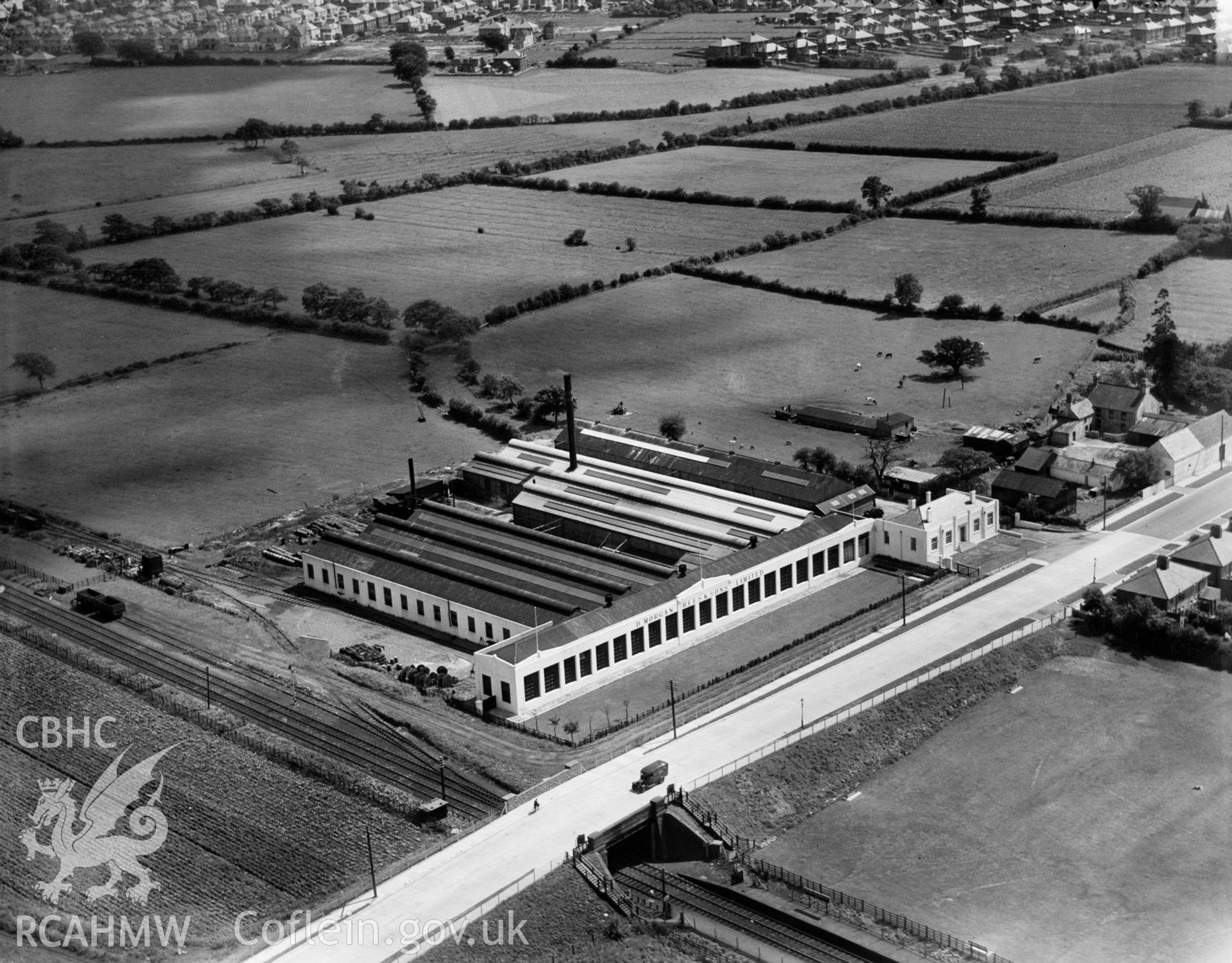 View of W. Morgan Rees & Sons Ltd. Works at Whitchurch, oblique aerial view. 5?x4? black and white glass plate negative.