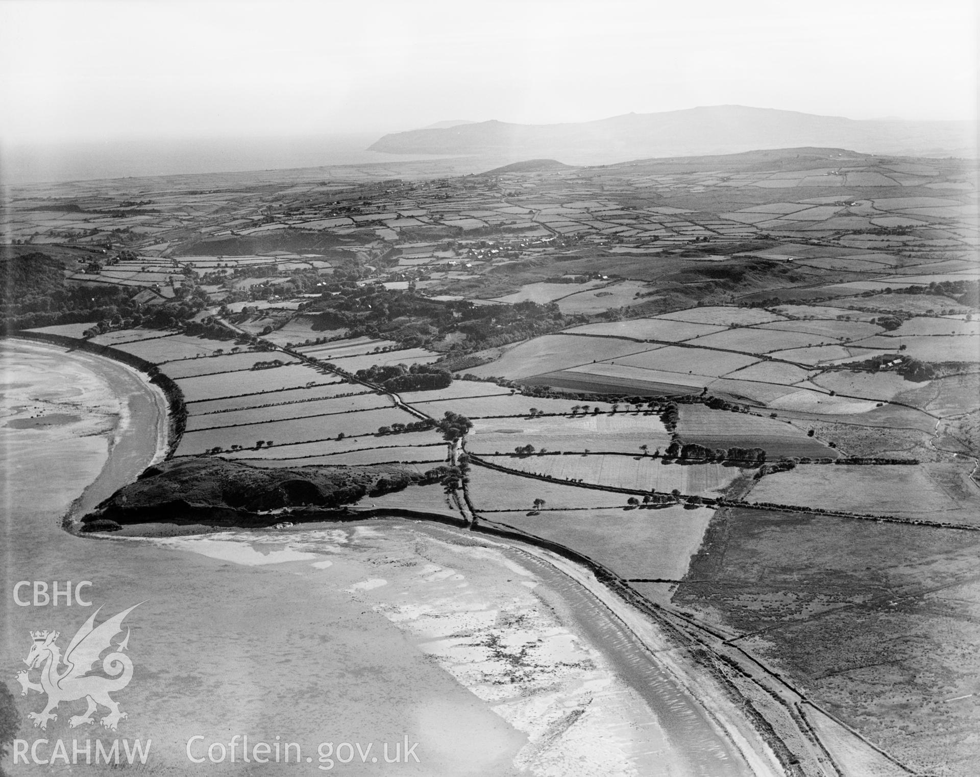 View of landscape (Penrhos and Carreg y Defaid) near Pwllheli, oblique aerial view. 5?x4? black and white glass plate negative.