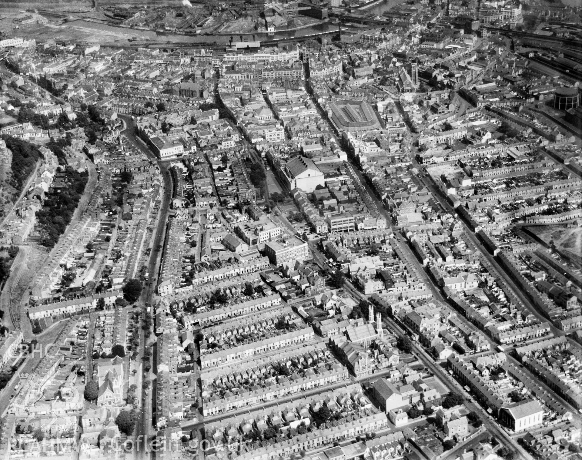 View of central Swansea, oblique aerial view. 5?x4? black and white glass plate negative.