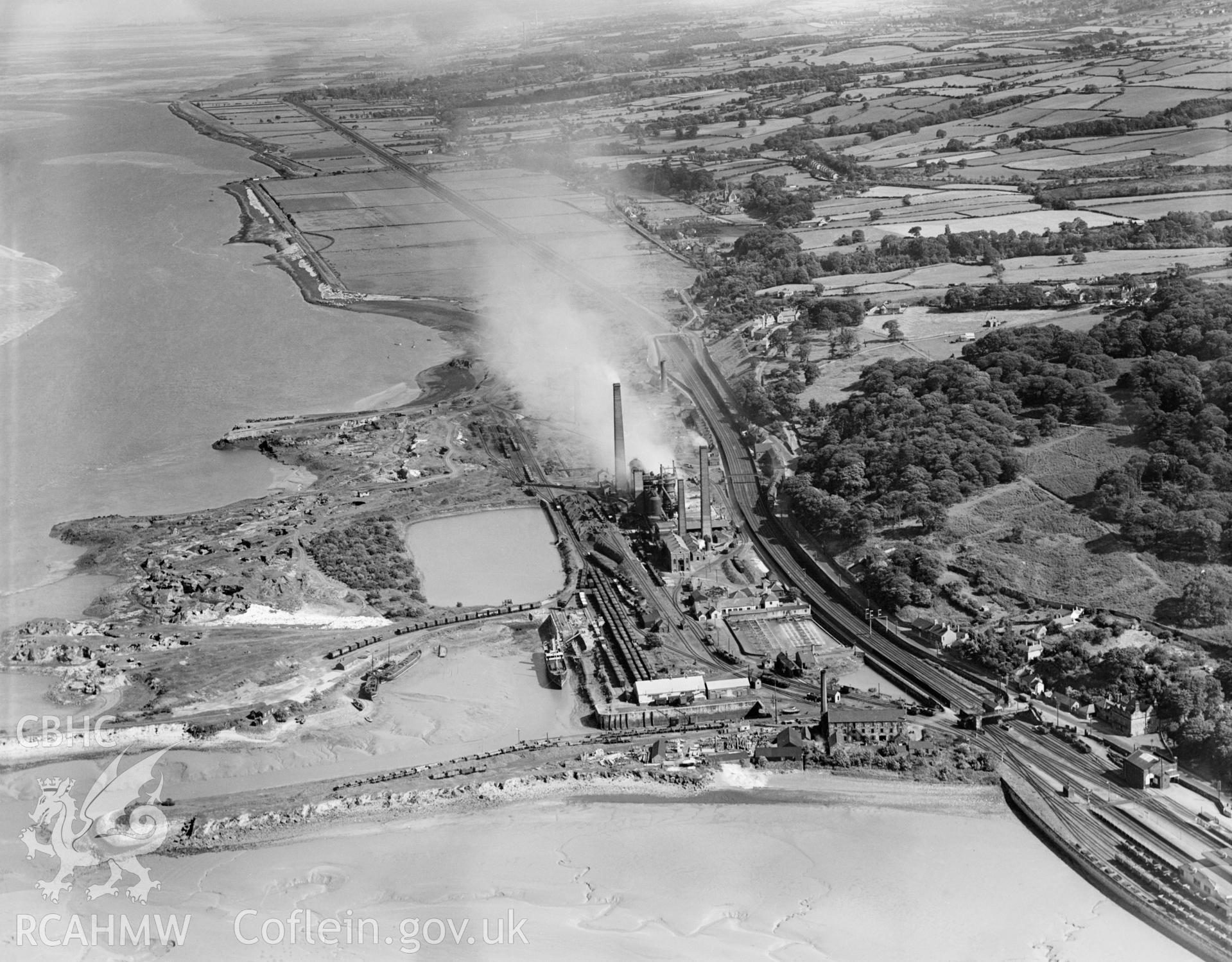 View of Mostyn showing Barwen & Mostyn Iron Co., oblique aerial view. 5?x4? black and white glass plate negative.