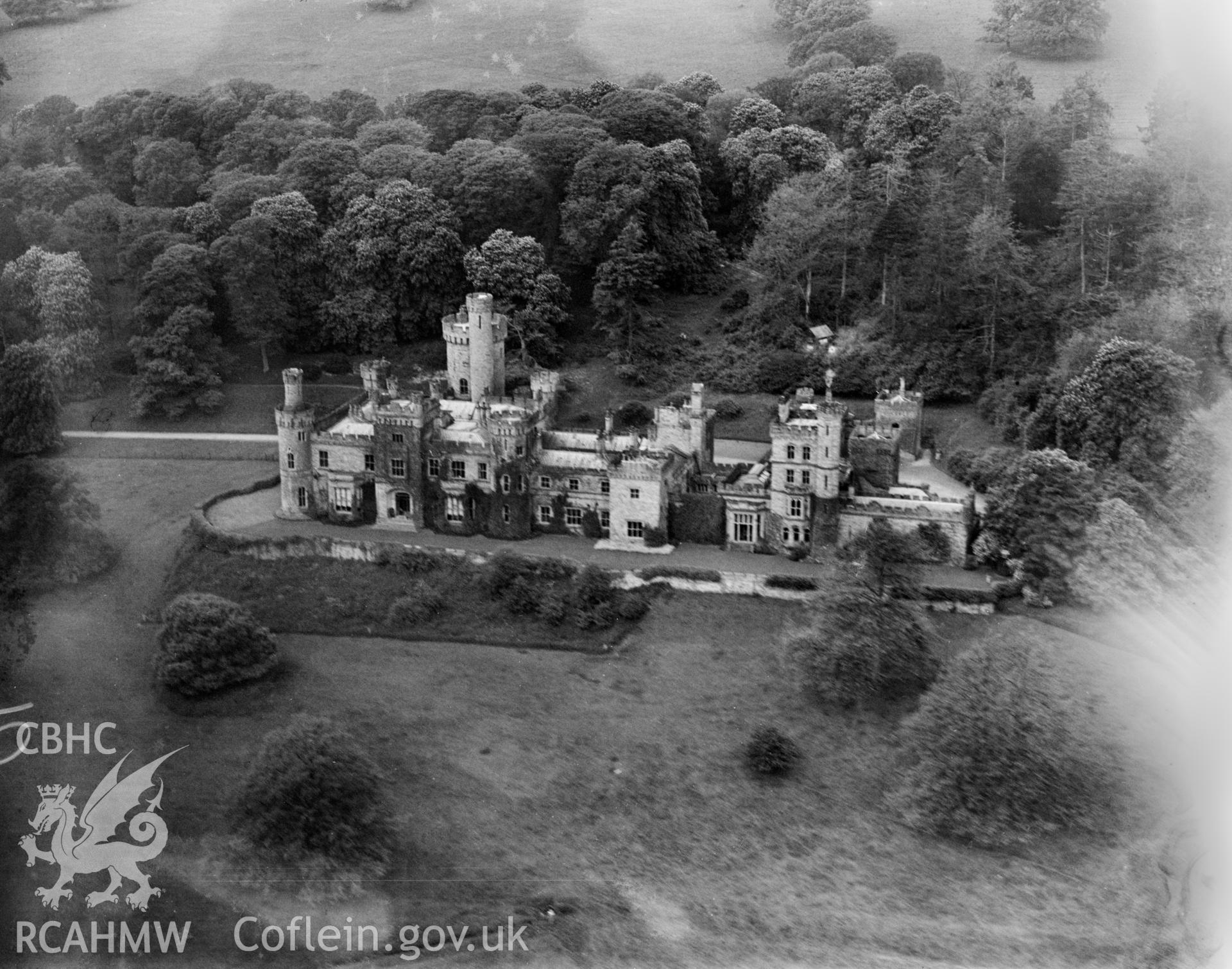 View of Maesllwch Castle, oblique aerial view. 5?x4? black and white glass plate negative.