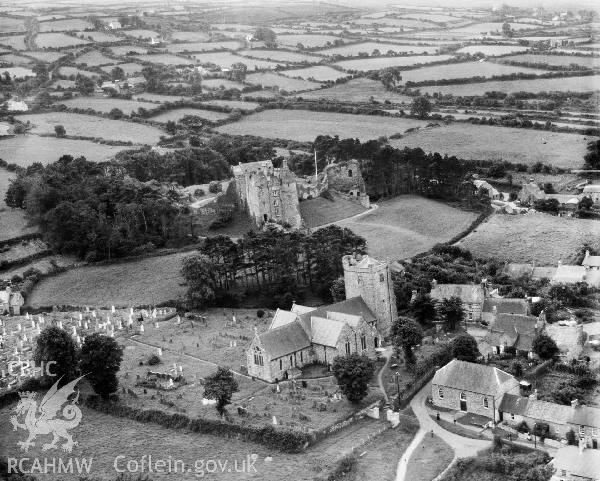 View of Newport, Pembrokeshire, showing church and castle, oblique aerial view. 5?x4? black and white glass plate negative.