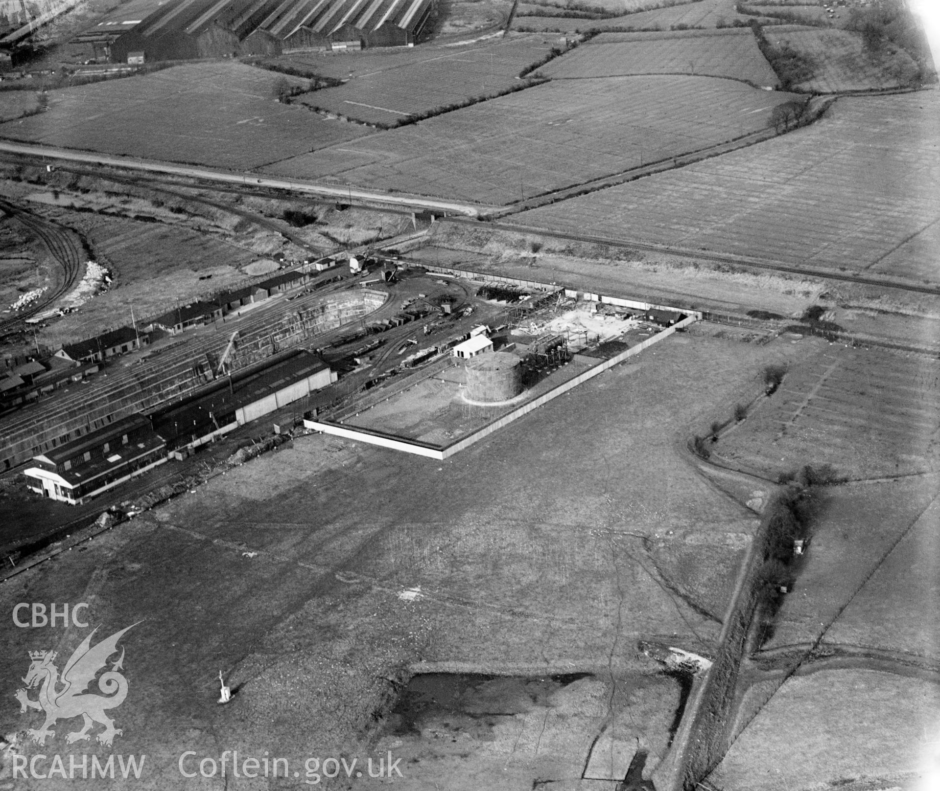 View of British Oil Storage Co., Union Dry Dock, Newport, oblique aerial view. 5?x4? black and white glass plate negative.
