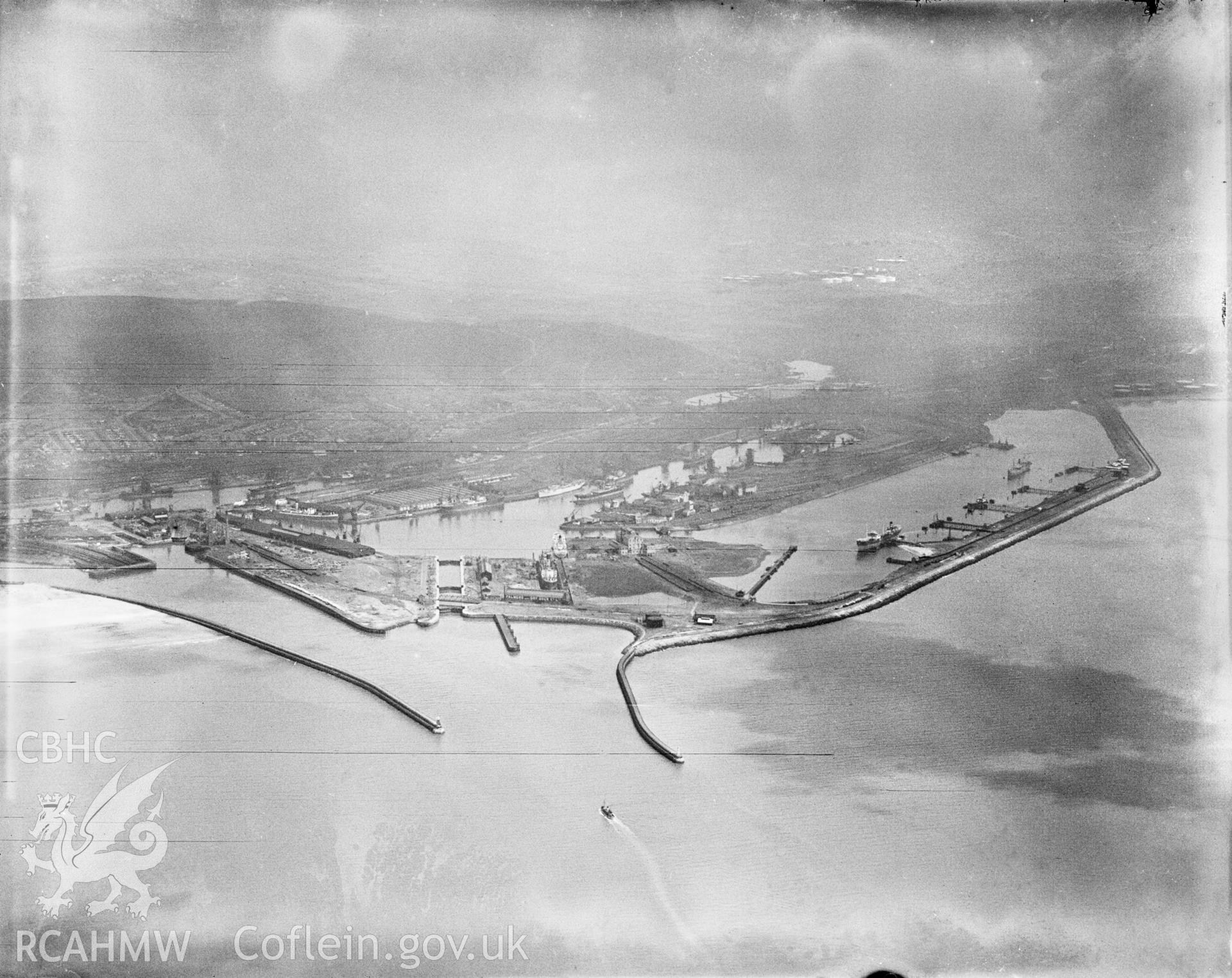 General view of Swansea Docks, oblique aerial view. 5?x4? black and white glass plate negative.
