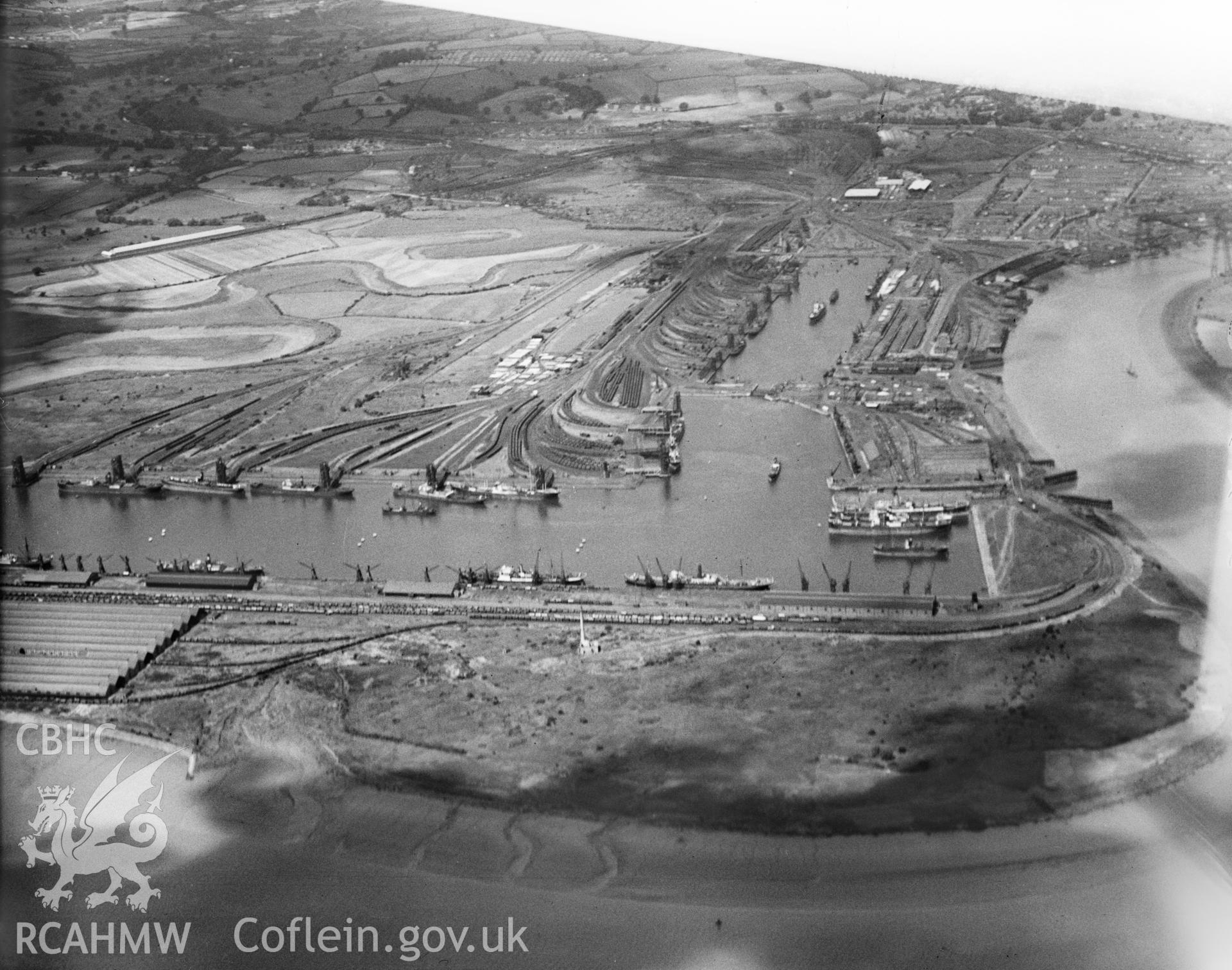 Alexandra Docks, North and South, Newport, oblique aerial view. 5?x4? black and white glass plate negative.