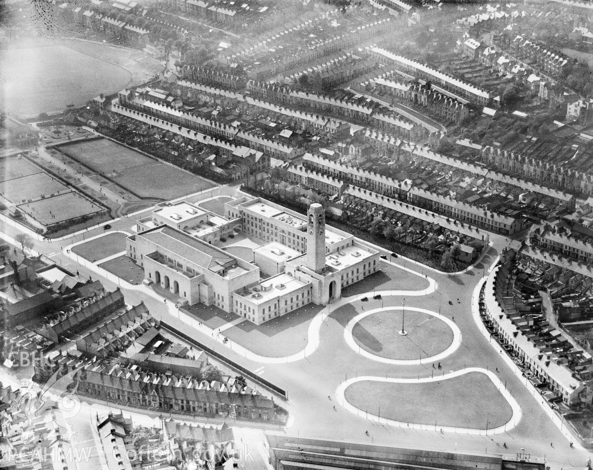 View of newly built civic centre, Swansea, oblique aerial view. 5?x4? black and white glass plate negative.