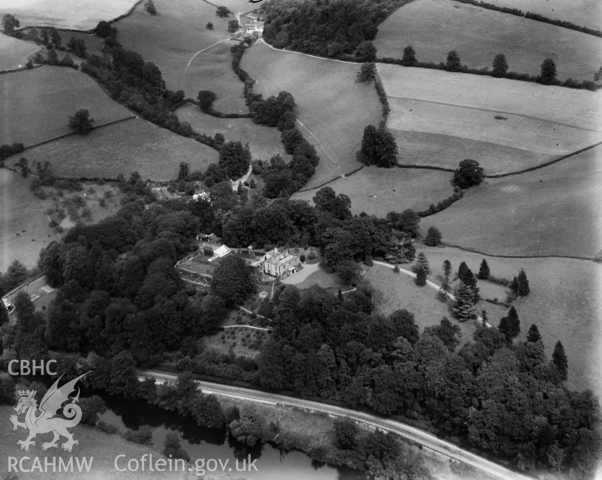 View of Beech Hill, Usk, oblique aerial view. 5?x4? black and white glass plate negative.