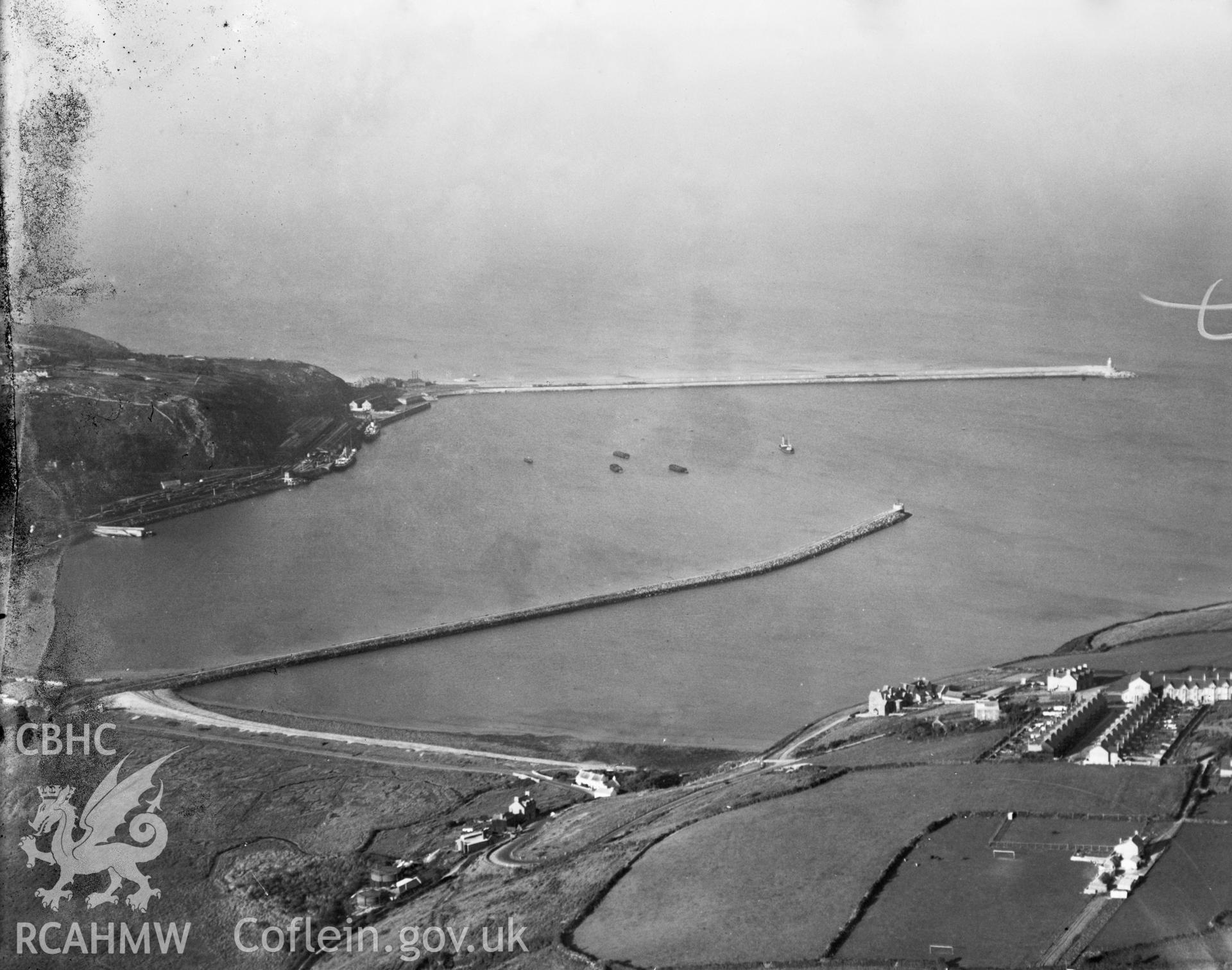 View of Fishguard & Goodwick Harbour, oblique aerial view. 5?x4? black and white glass plate negative.