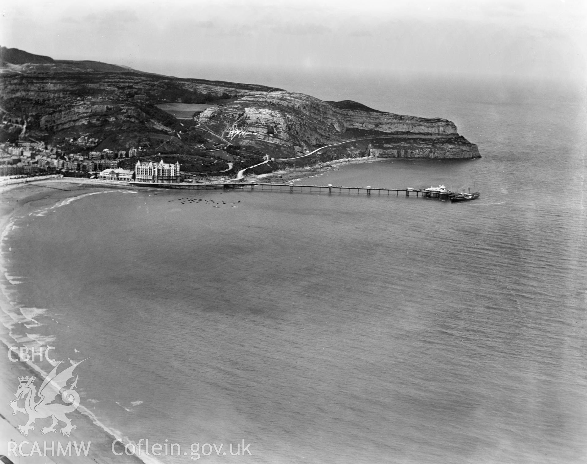 View of Llandudno showing pier, oblique aerial view. 5?x4? black and white glass plate negative.
