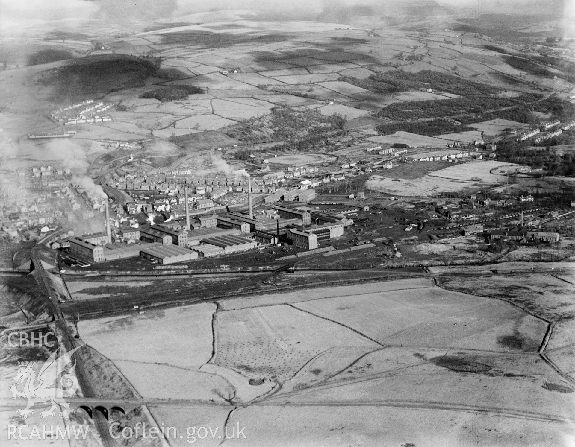 View of Mond Nickel Works, Clydach, Swansea, oblique aerial view. 5?x4? black and white glass plate negative.