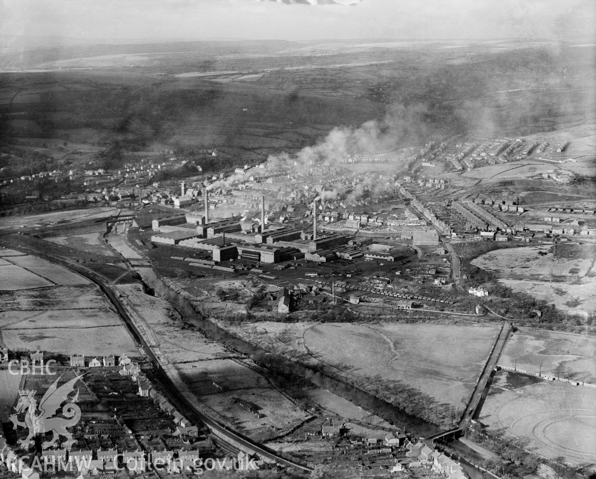 General view of Clydach and Mond Nickel Works, Clydach, Swansea, oblique aerial view. 5?x4? black and white glass plate negative.