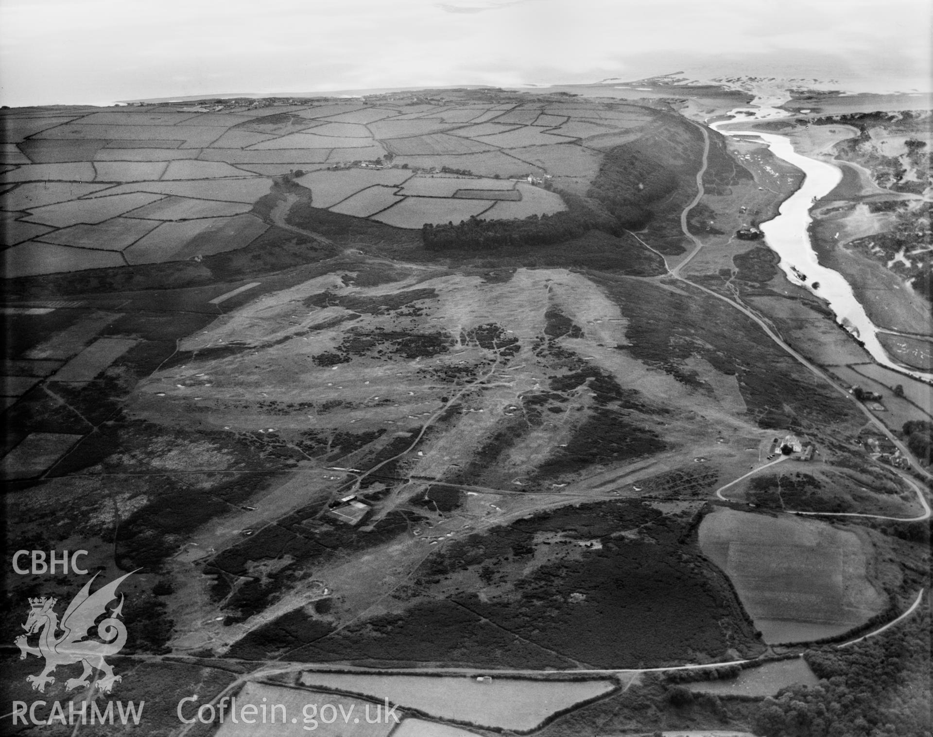 View of Ogmore-by-Sea, showing Southerndown golf course, oblique aerial view. 5?x4? black and white glass plate negative.