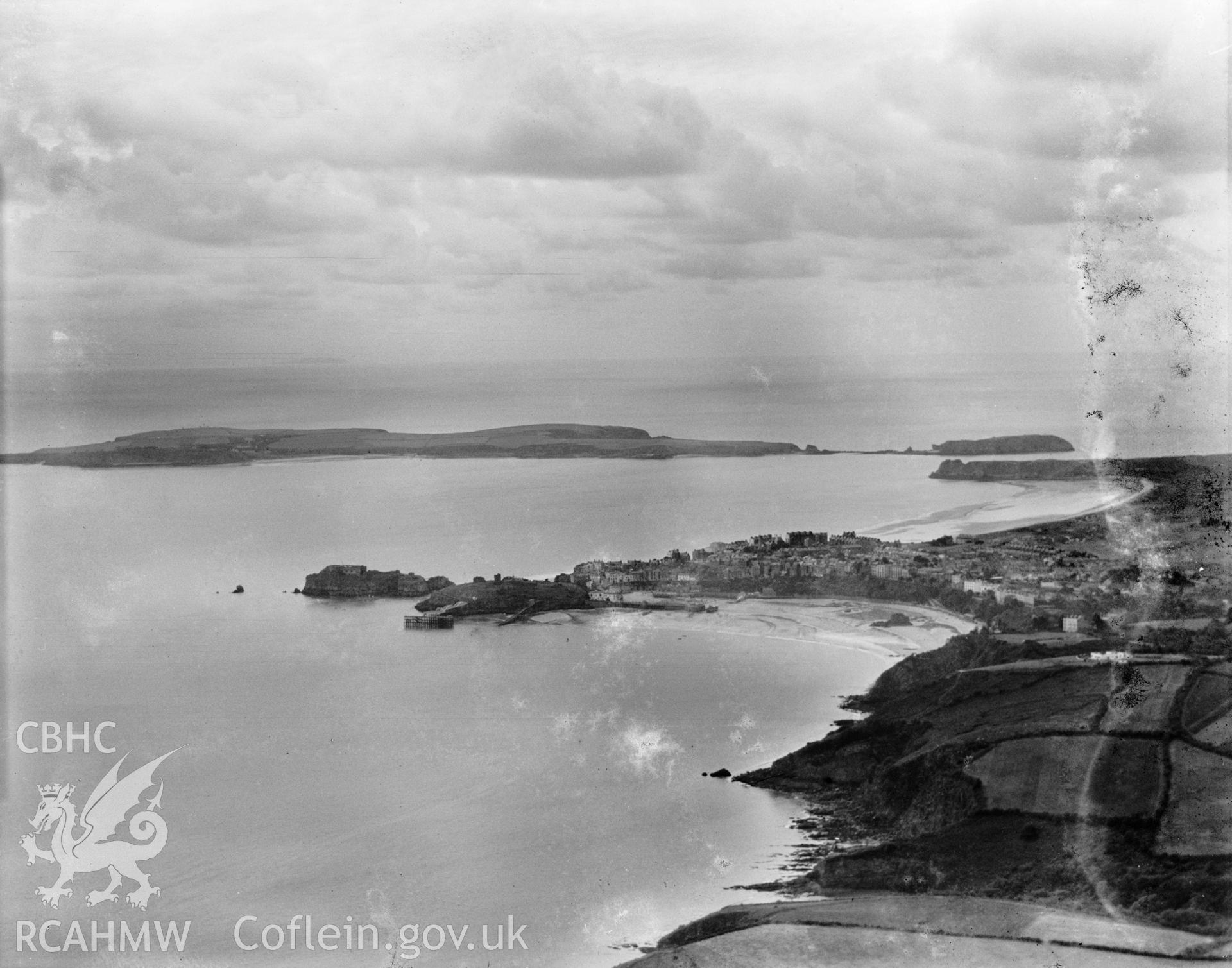 Distant view of Tenby, oblique aerial view. 5?x4? black and white glass plate negative.