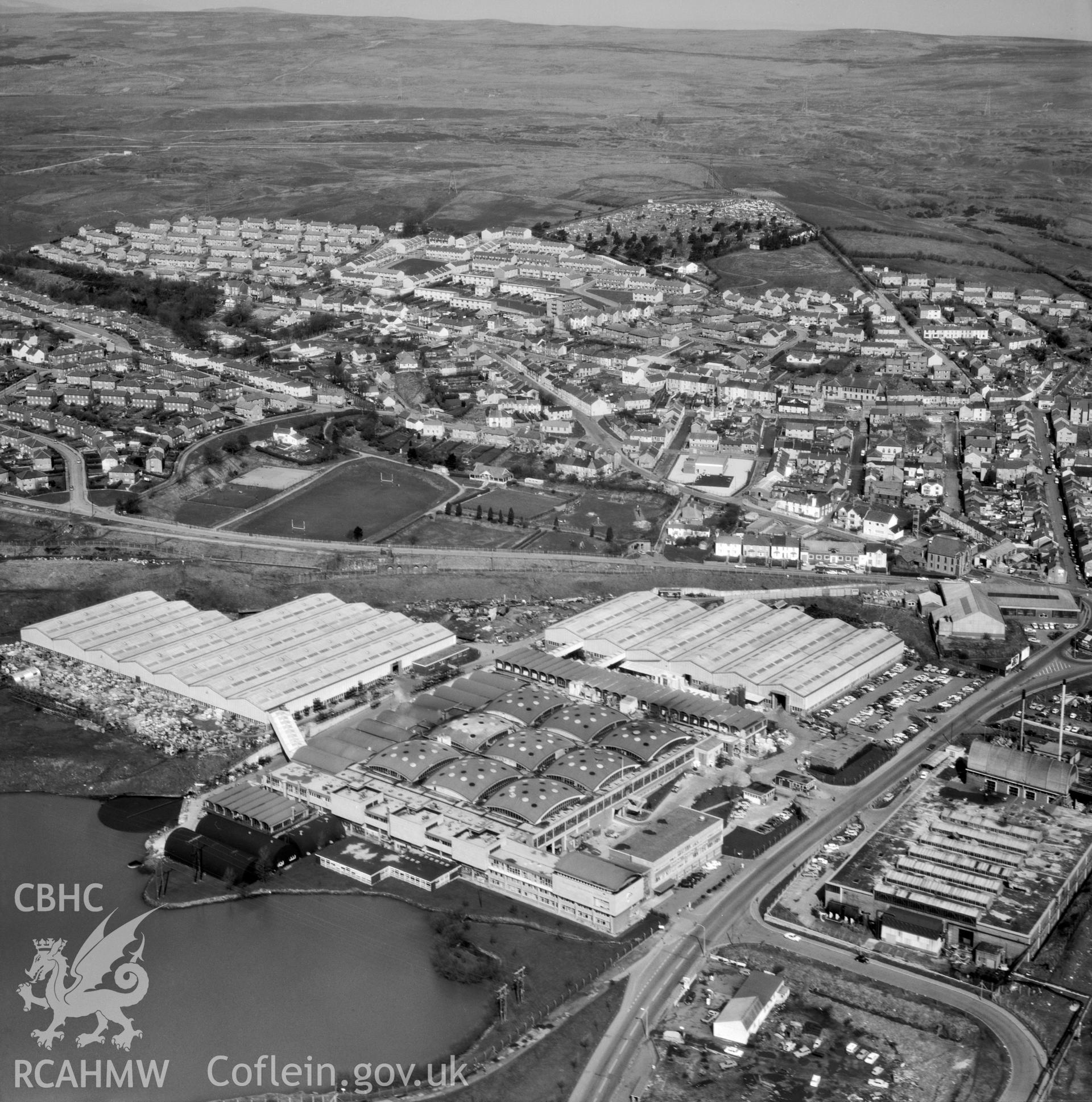 Black and white oblique aerial photograph showing the Dunlop semtex factory complex; Brynmawr rubber factory, from Aerofilms album 392 (Breconshire), taken by Aerofilms Ltd and dated 12 April 1972.